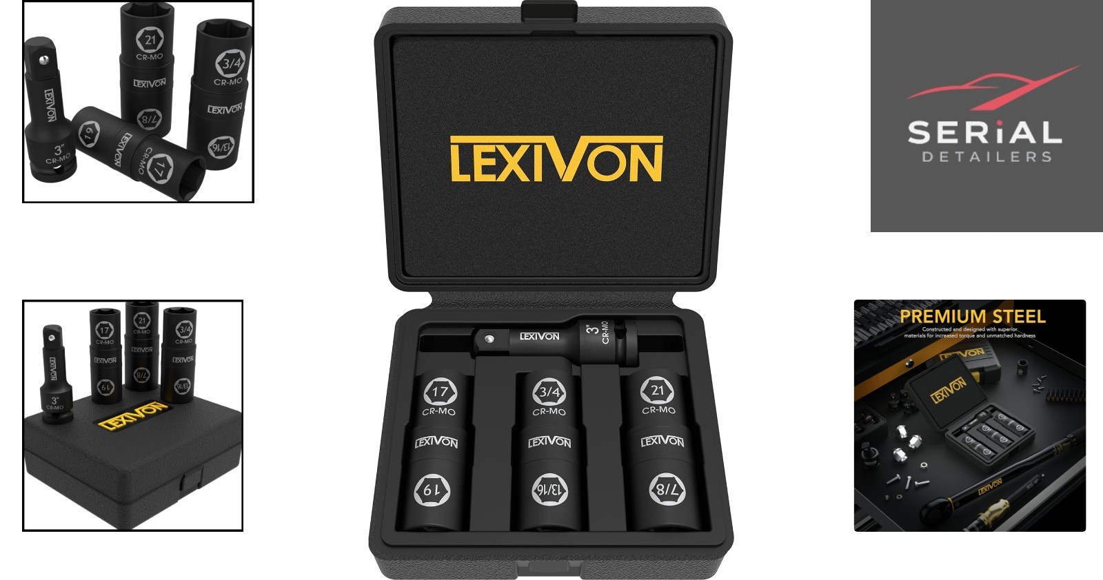 6 Lug Nut Sizes Cr-Mo Steel Impact Socket Set with Extension Bar Included