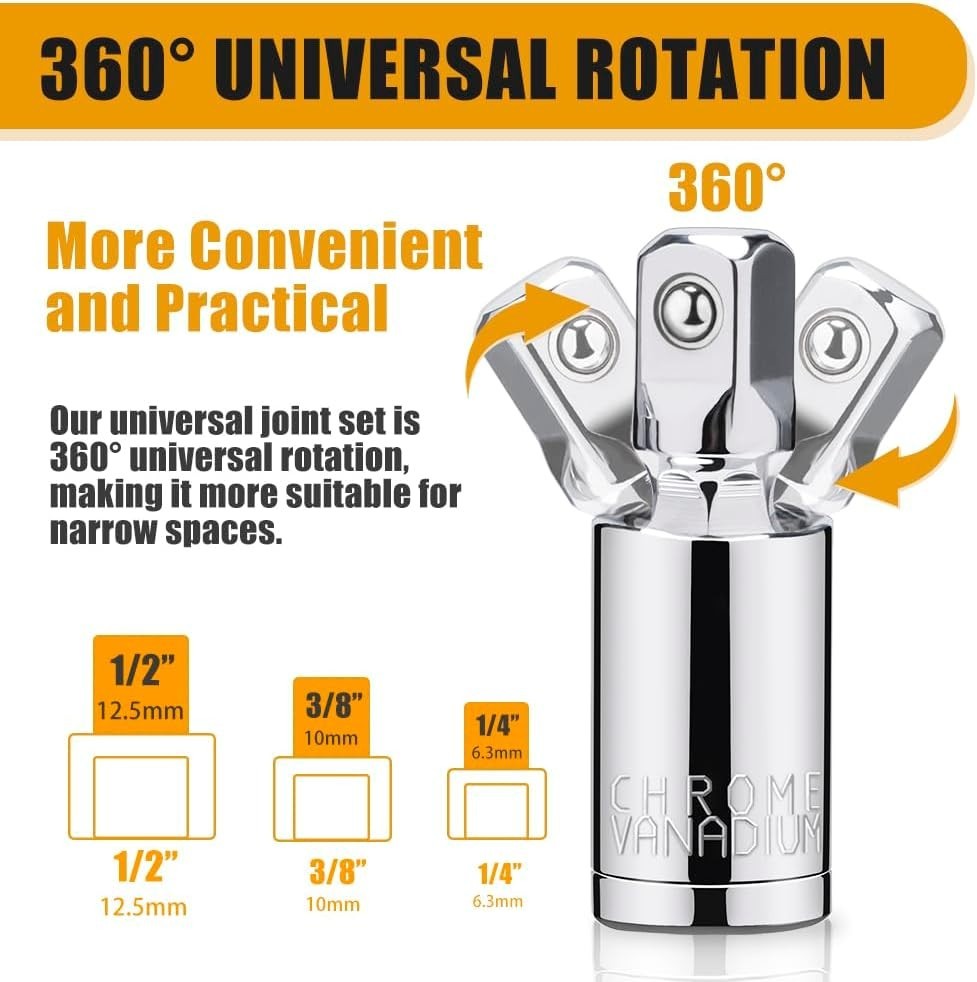 3PCS Impact Universal Joint Swivel Socket Adapter Set 1/4″ 3/8” 1/2″ Drive 360°