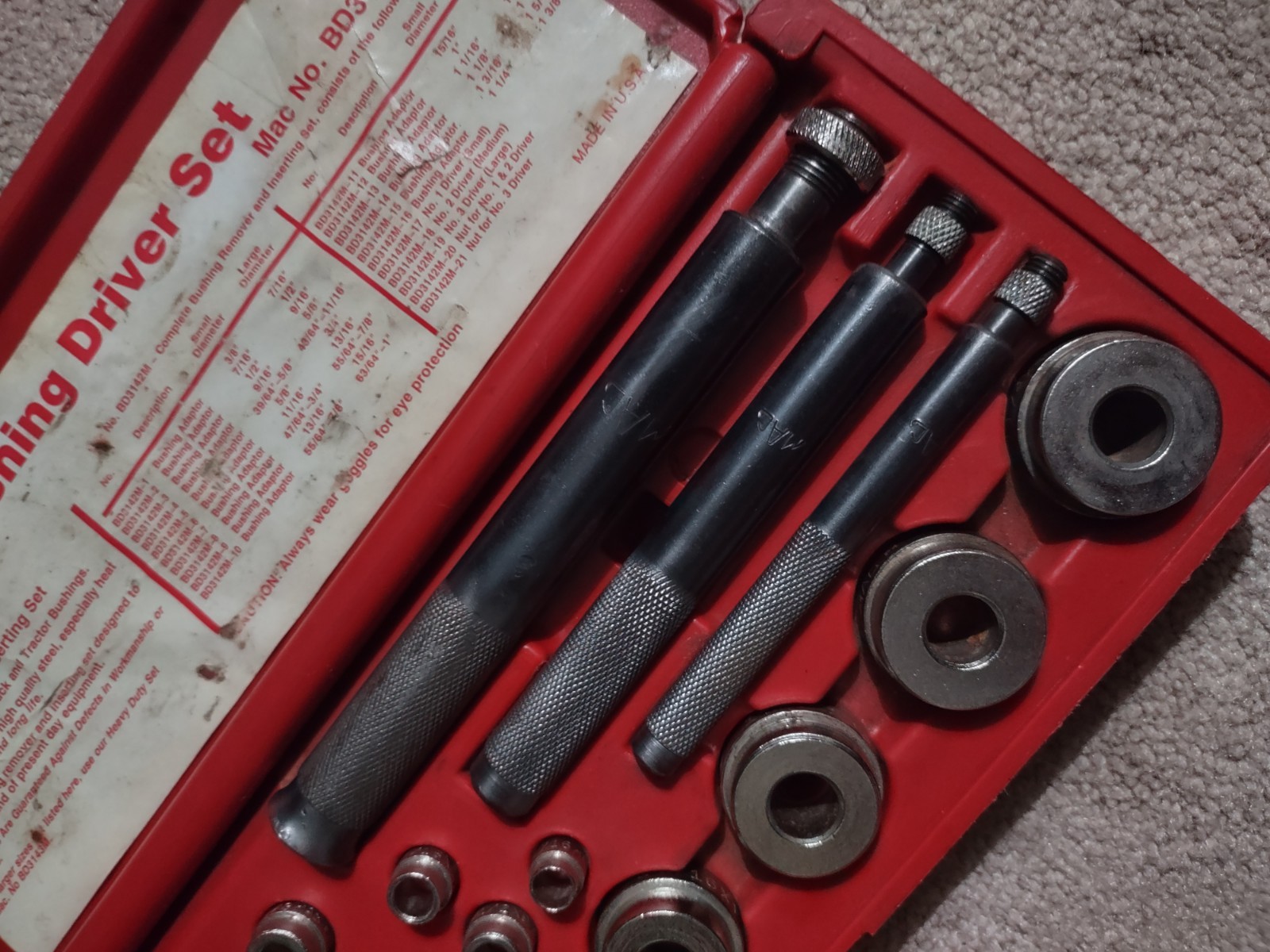MAC TOOLS #BD3142M. 22pc Heavy Duty Bushing Driver Set #BD3142M