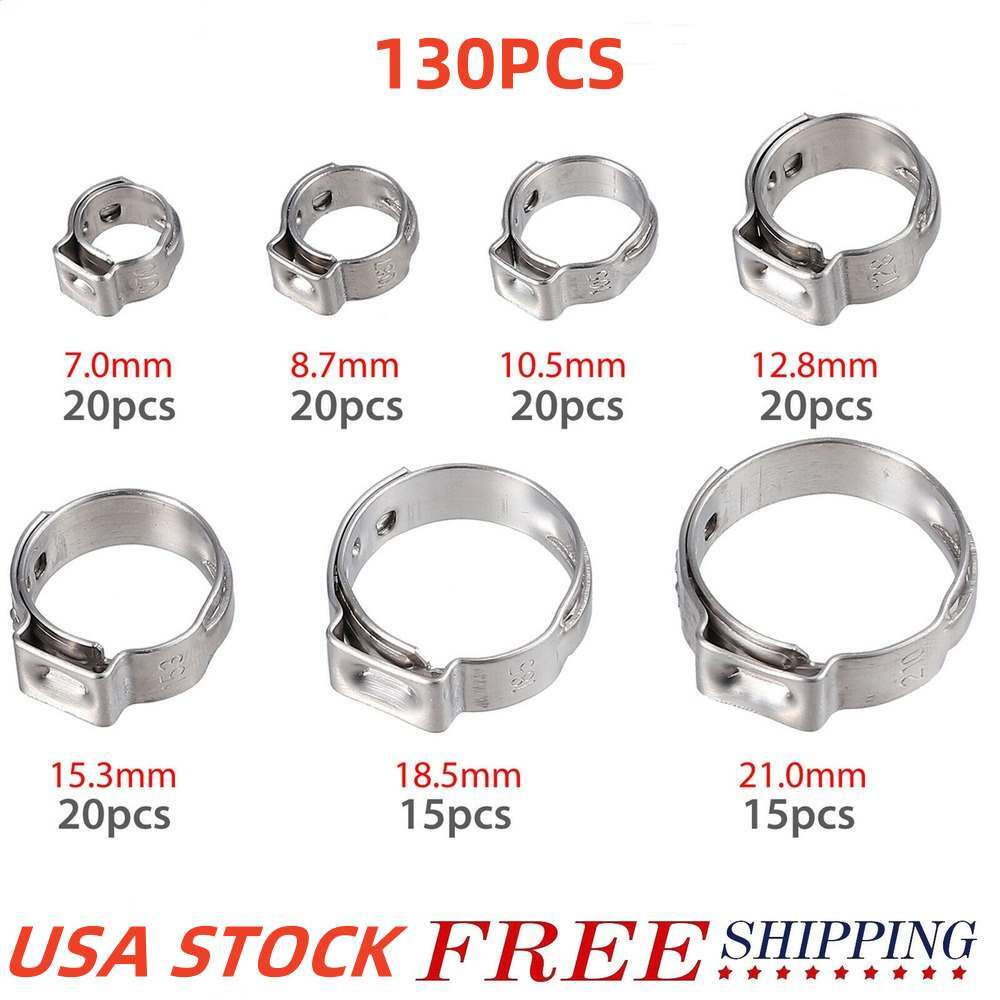 100/130X Hose Clamp Assorted Stainless Steel Ear Cinch Rings Crimp Pipe Clip Set