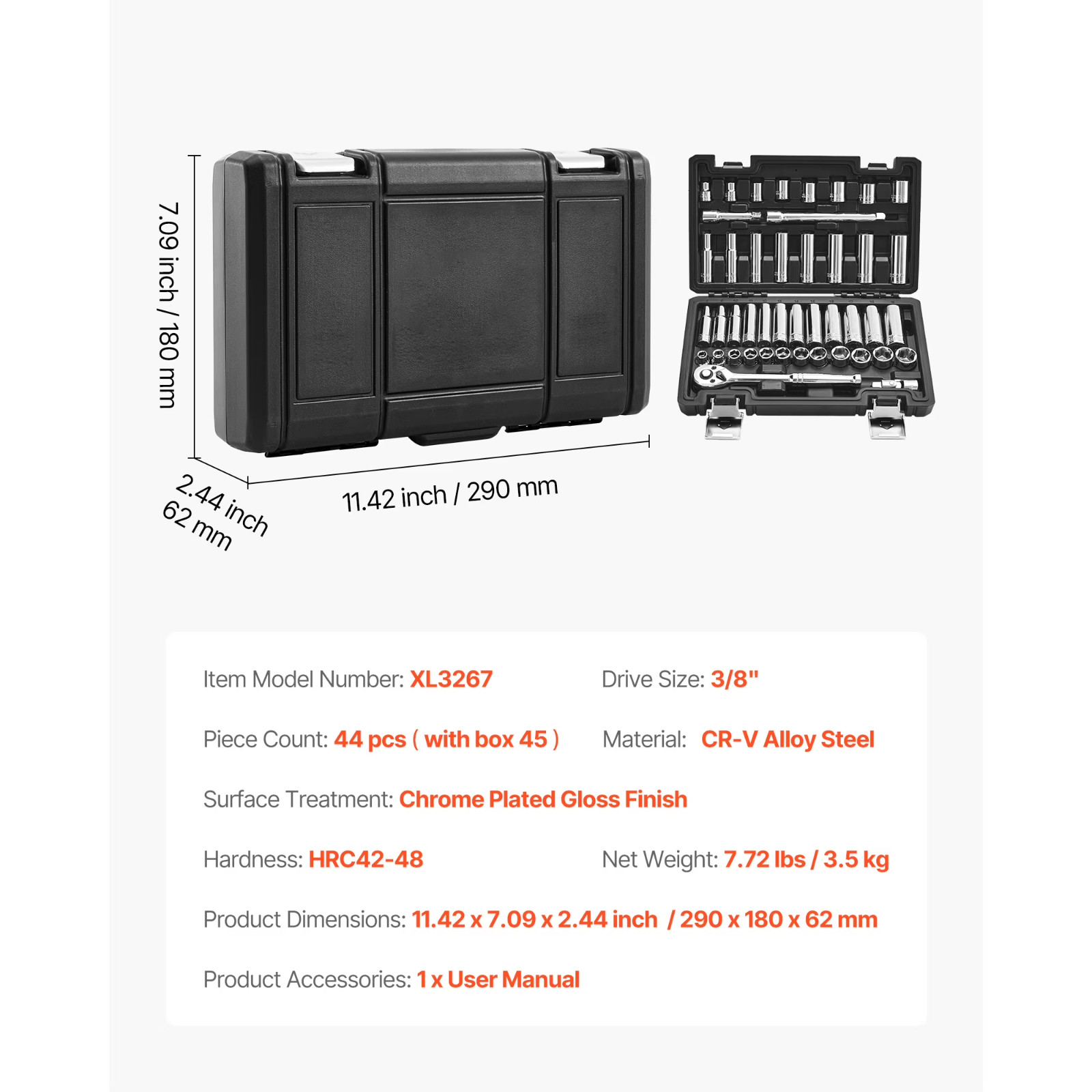 44-Piece Socket Set , 3/8-Inch Drive, SAE & Metric Sizes, Deep & Shallow Sockets