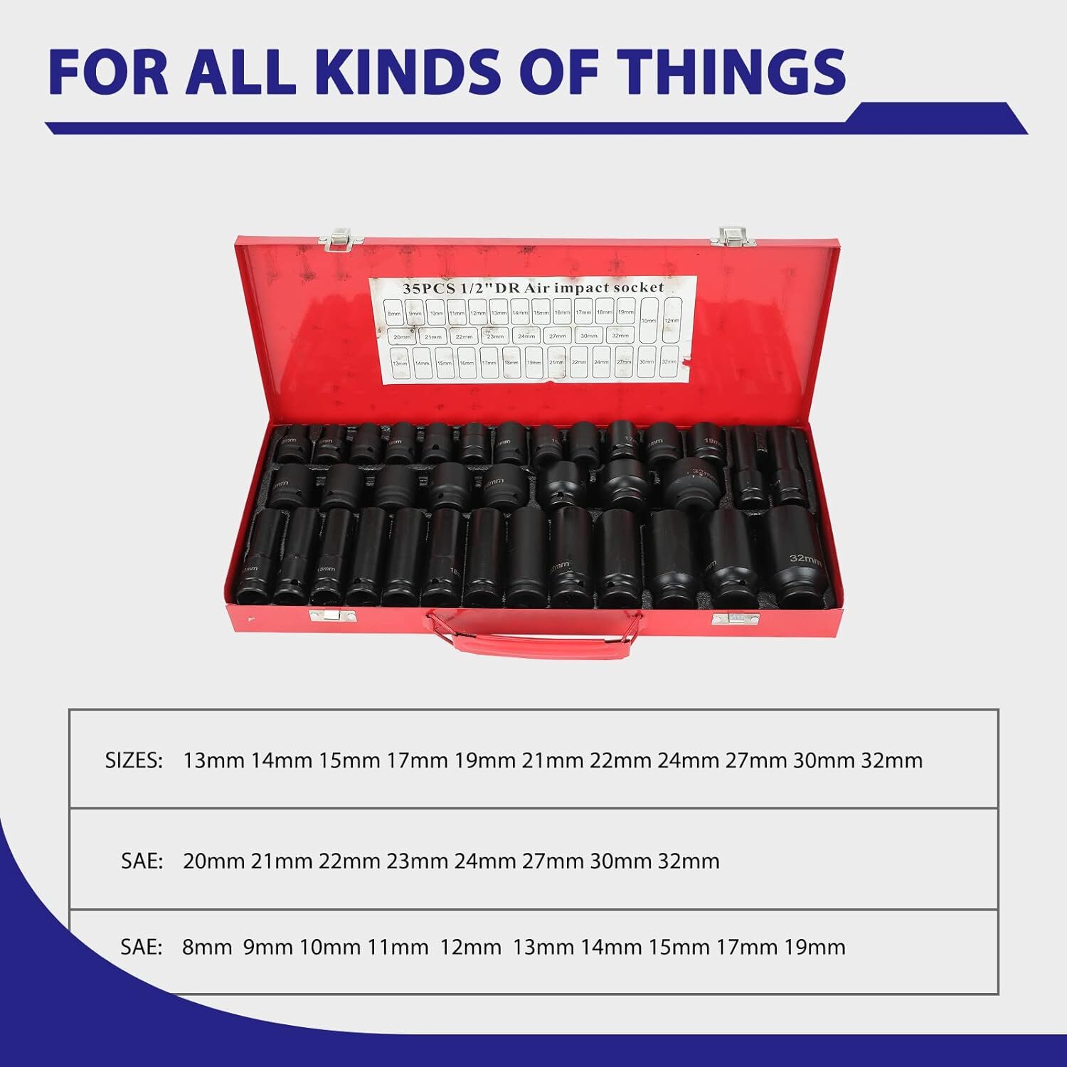 35pcs Deep Impact Socket Set 1/2″ Inch Drive 8-32mm Metric Garage Sae With Case