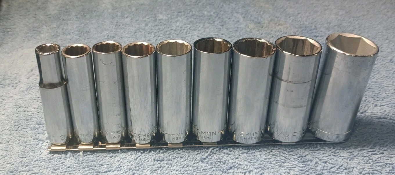 Craftsman 9 PC Socket Set. SAE Deep Chrome 3/8-7/8″. 7 12 Pt, 2 6pt (13/16 7/8).