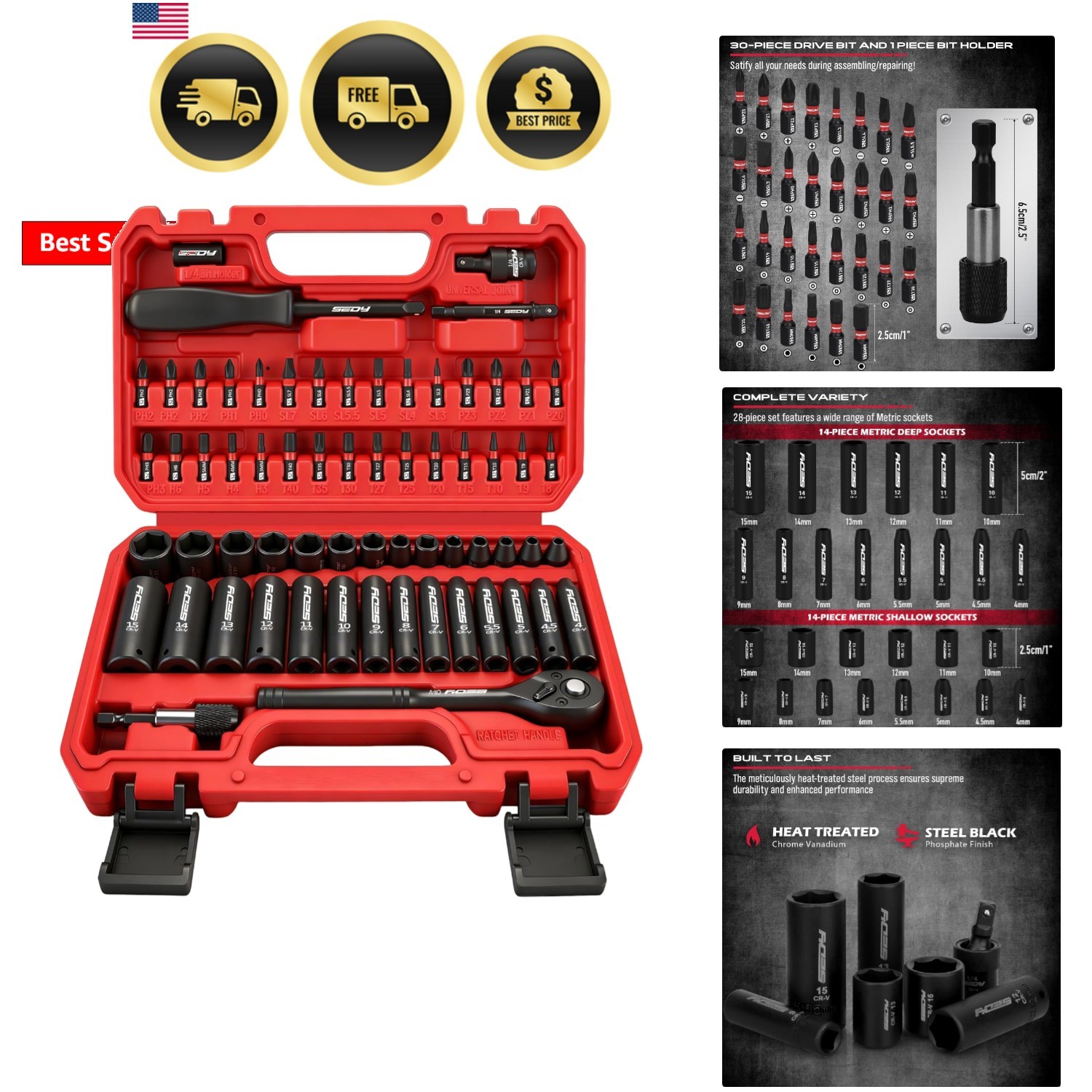 64-Piece 1/4″ Drive Impact Socket Wrench Driver-Bits Set, Cr-V Metric&SAE Dee…