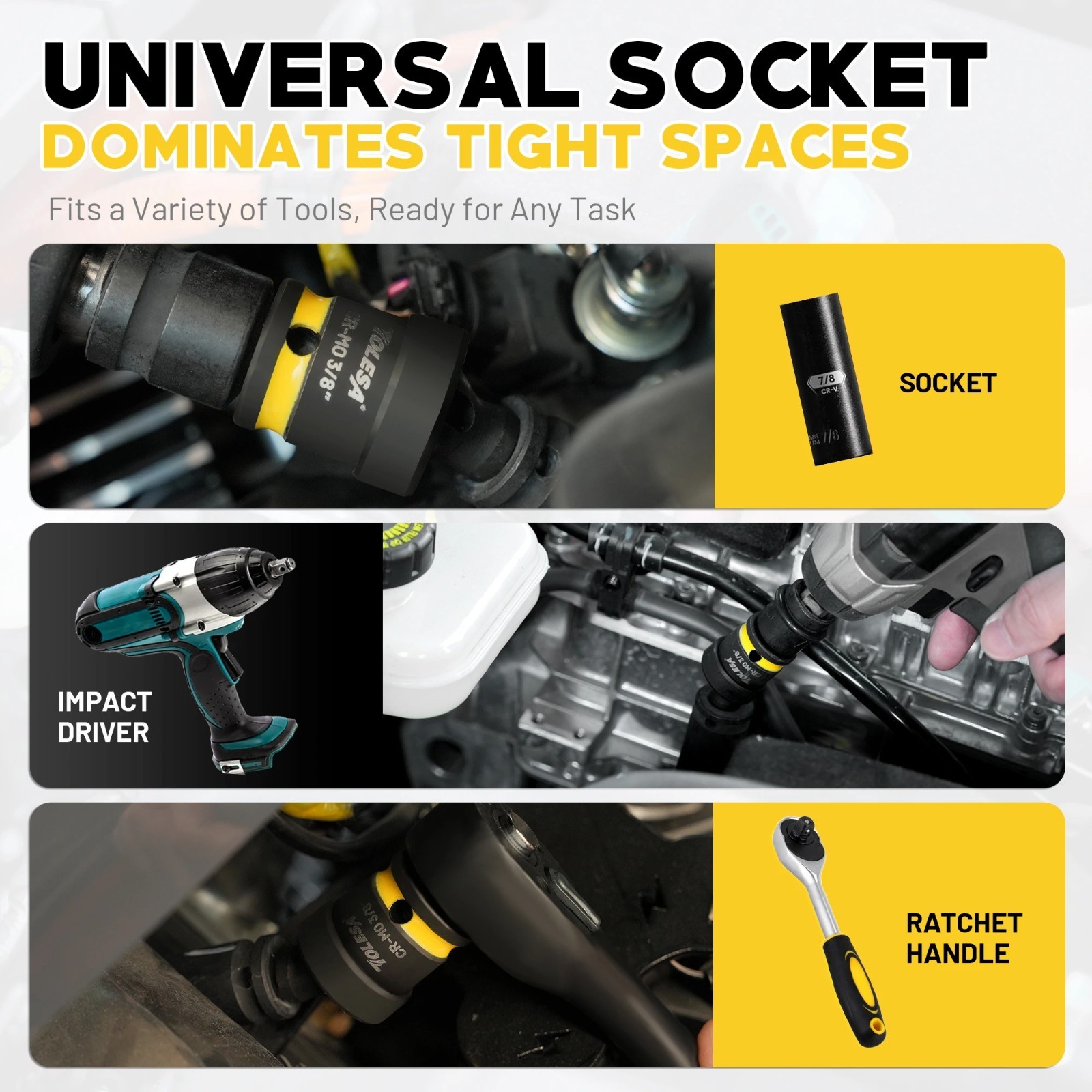 3PCS Swivel Socket Set Universal Joint Wobble Socket 1/4 3/8 1/2 Drive
