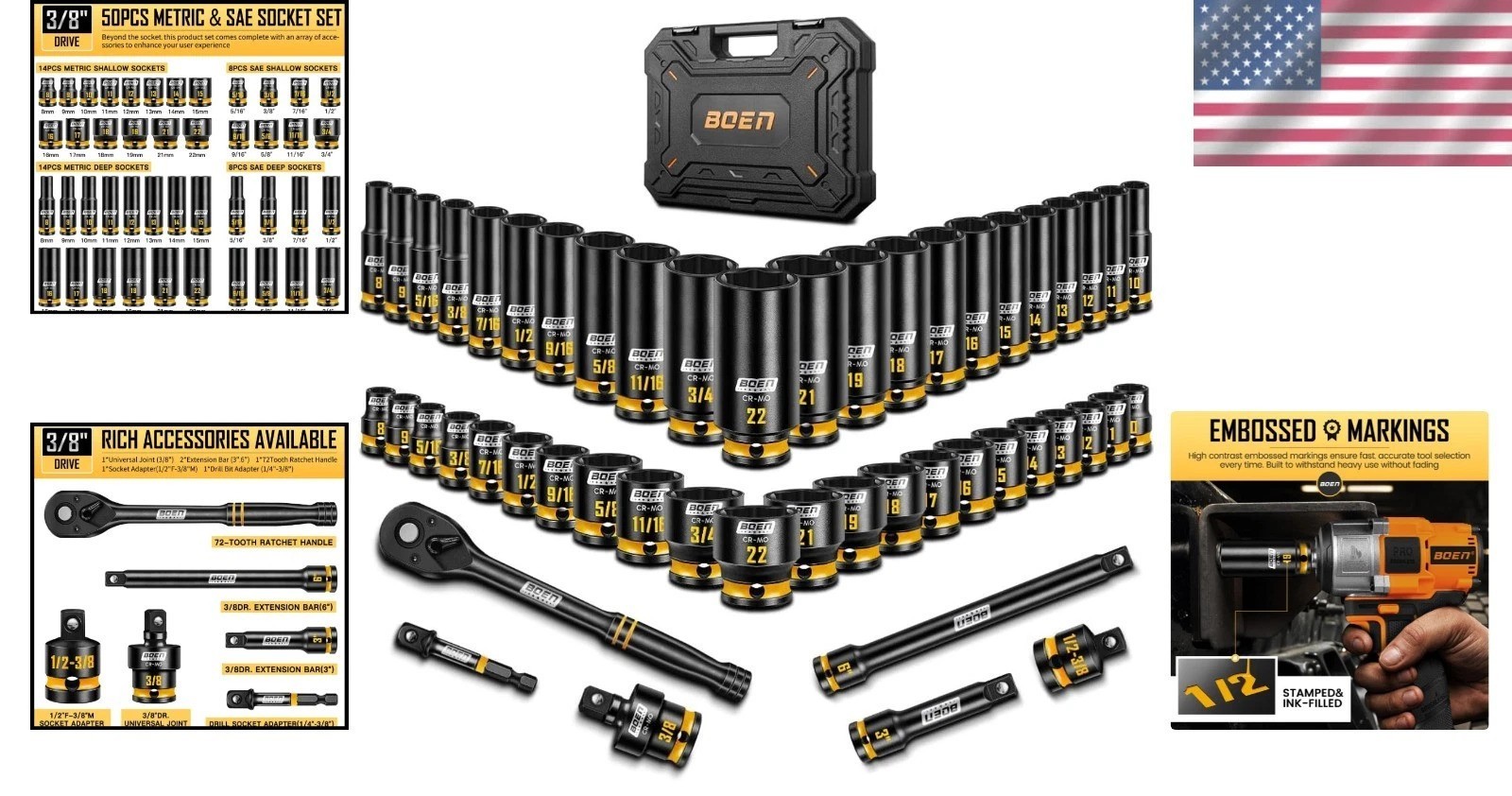 3/8» Drive Impact Socket Set, 50PCS Standard SAE 5/16 to 3/4 inch and Metric…