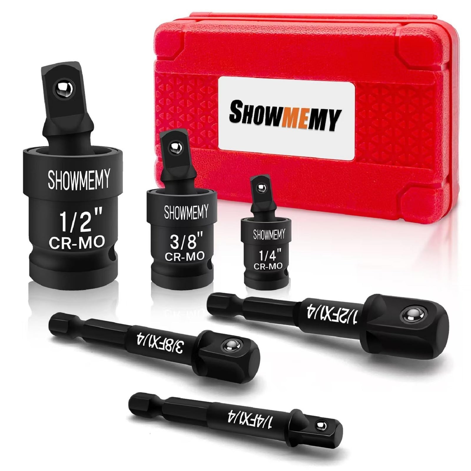 3-Pc Impact Swivel Socket Set with Adapters, Wobble Socket, Cr-Mo Steel, 1/4″-1/
