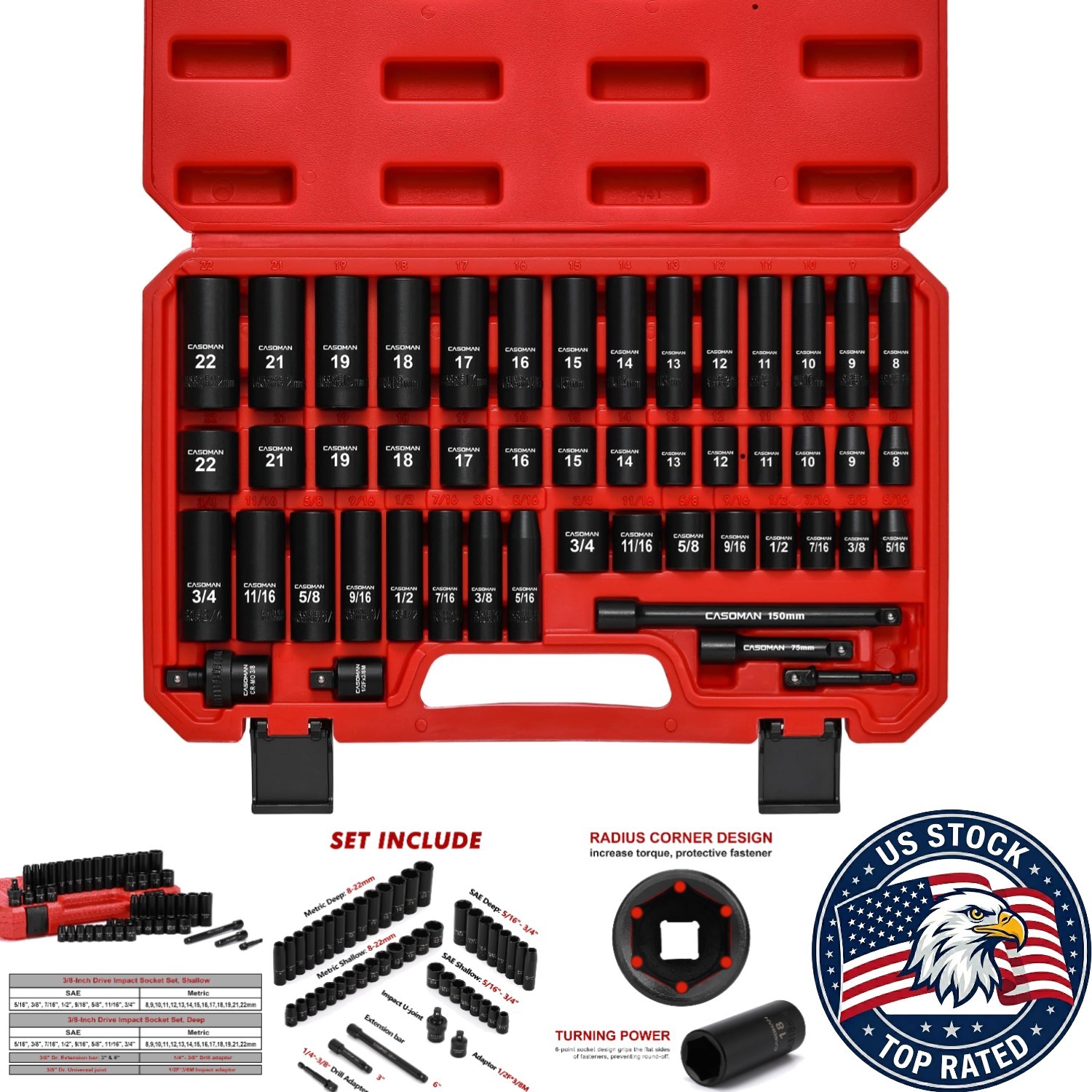 Chrome Vanadium 3/8″ Drive Impact Socket Set – Corrosion Resistant 49 Piece