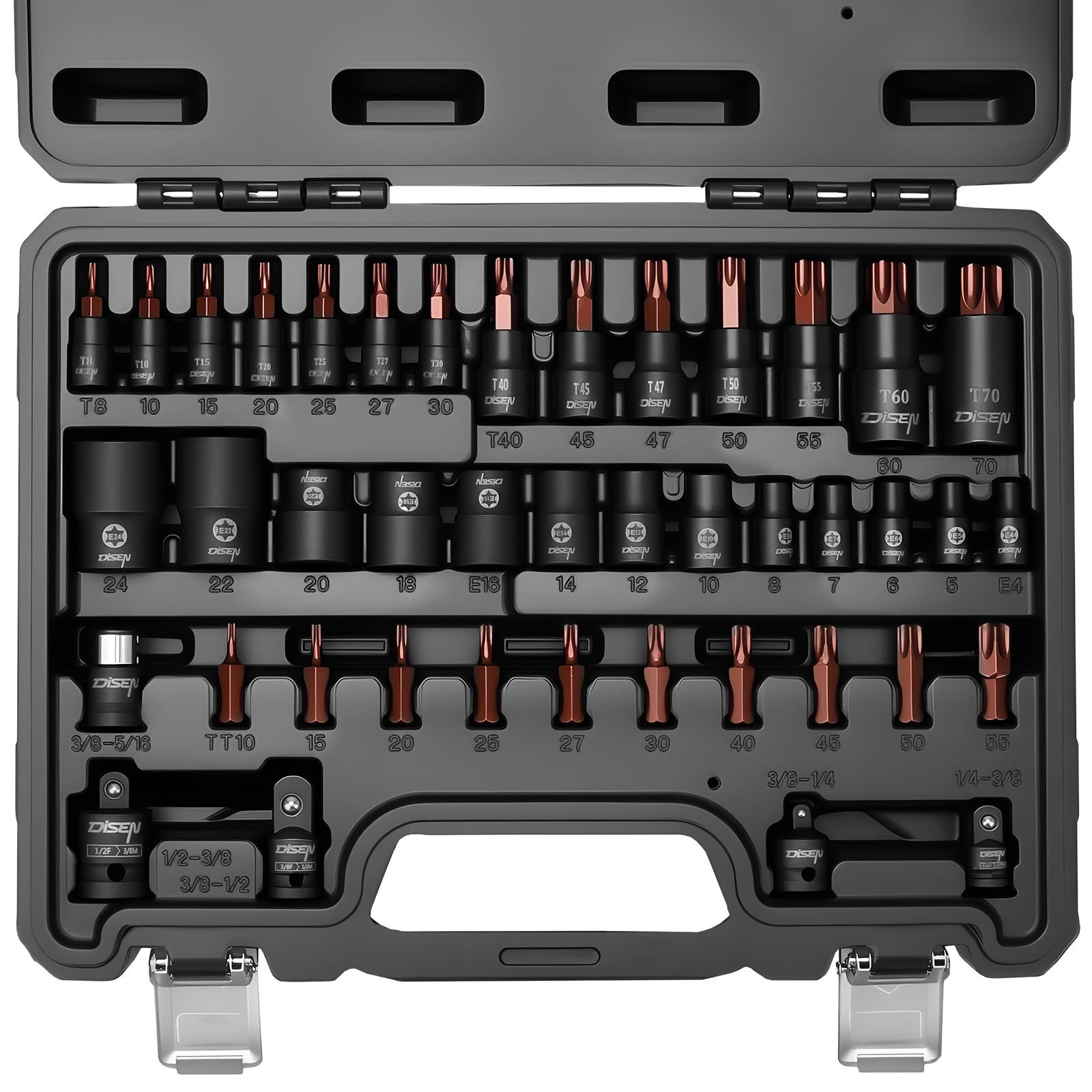 42-Piece Master Torx Bit Socket Set, CR-V & S2 Steel, T8-T70, E4-E24, Impact Ada