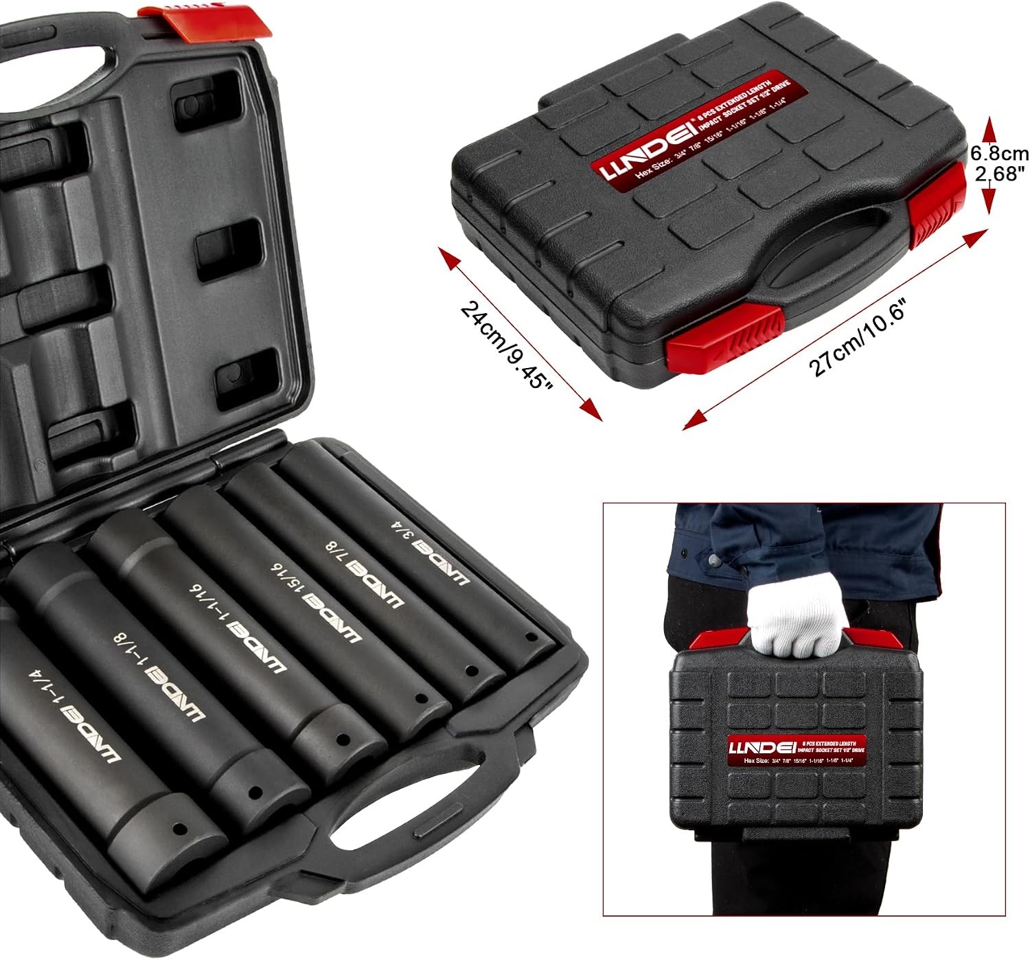 1/2 Inch Drive Extended Length Impact Socket Set 6PCS Extra Deep Socket Set Incl