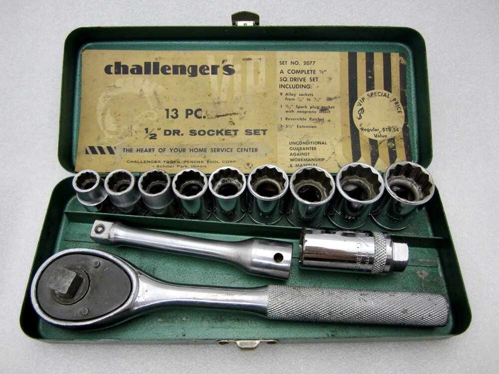 Vintage Penens Challenger 1/2″ Drive 13pc SAE 12pt Socket Set 2077 Made in USA