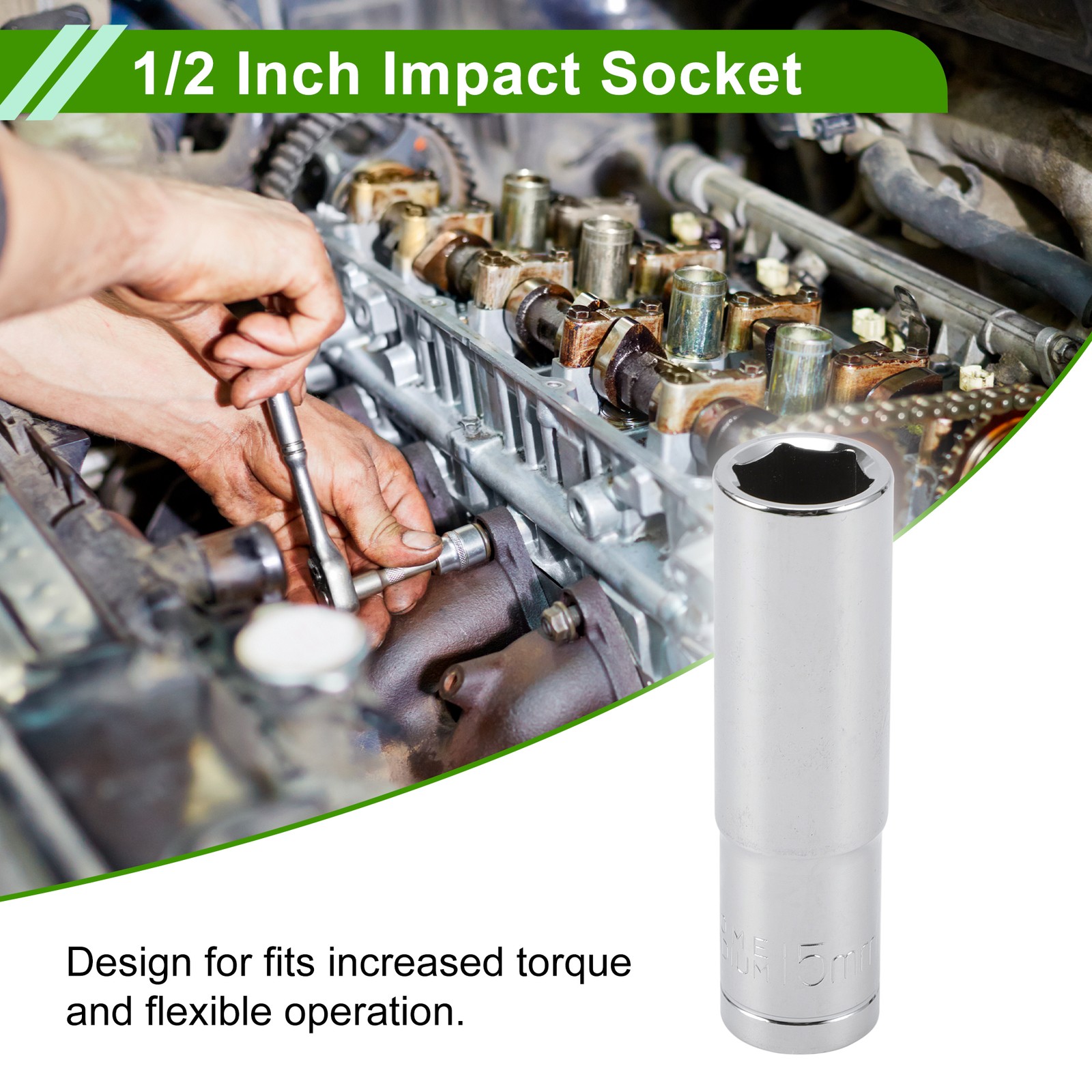Universal 1/2 Inch Drive Impact Socket 15mm 6 Point Chrome Vanadium Steel 78mm