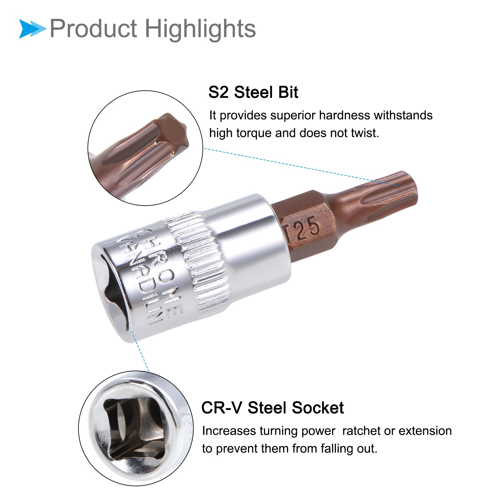 2PCS Torx Bit Socket Metric T25 Bit 1/4″ Drive 1.5″ Long Alloy Steel CR-V Socket