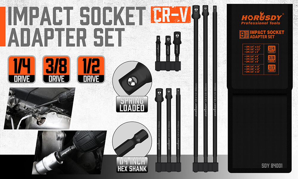 9PC Impact Grade Power Drill Sockets Adapter Set 1/4 3/8 1/2 Extension Bar Long