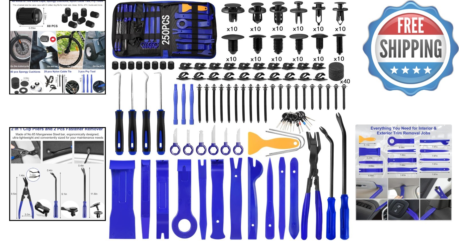 Complete 250-Piece Auto Repair Tool Set: Trim Removal, Clips & Pliers Included