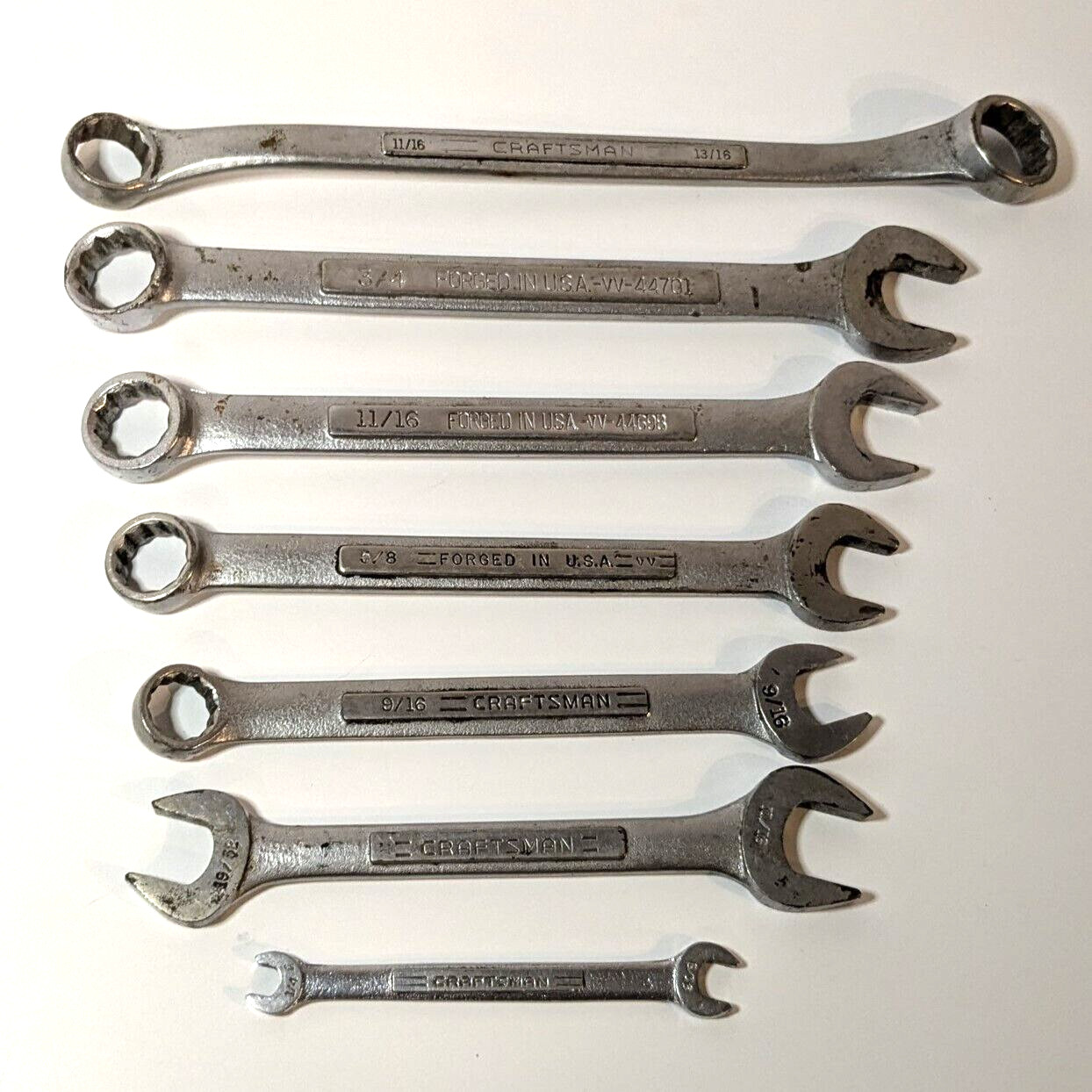 Lot of 7 Vintage Craftsman U.S.A. Wrenches, Various Size Hand Tools, Forged