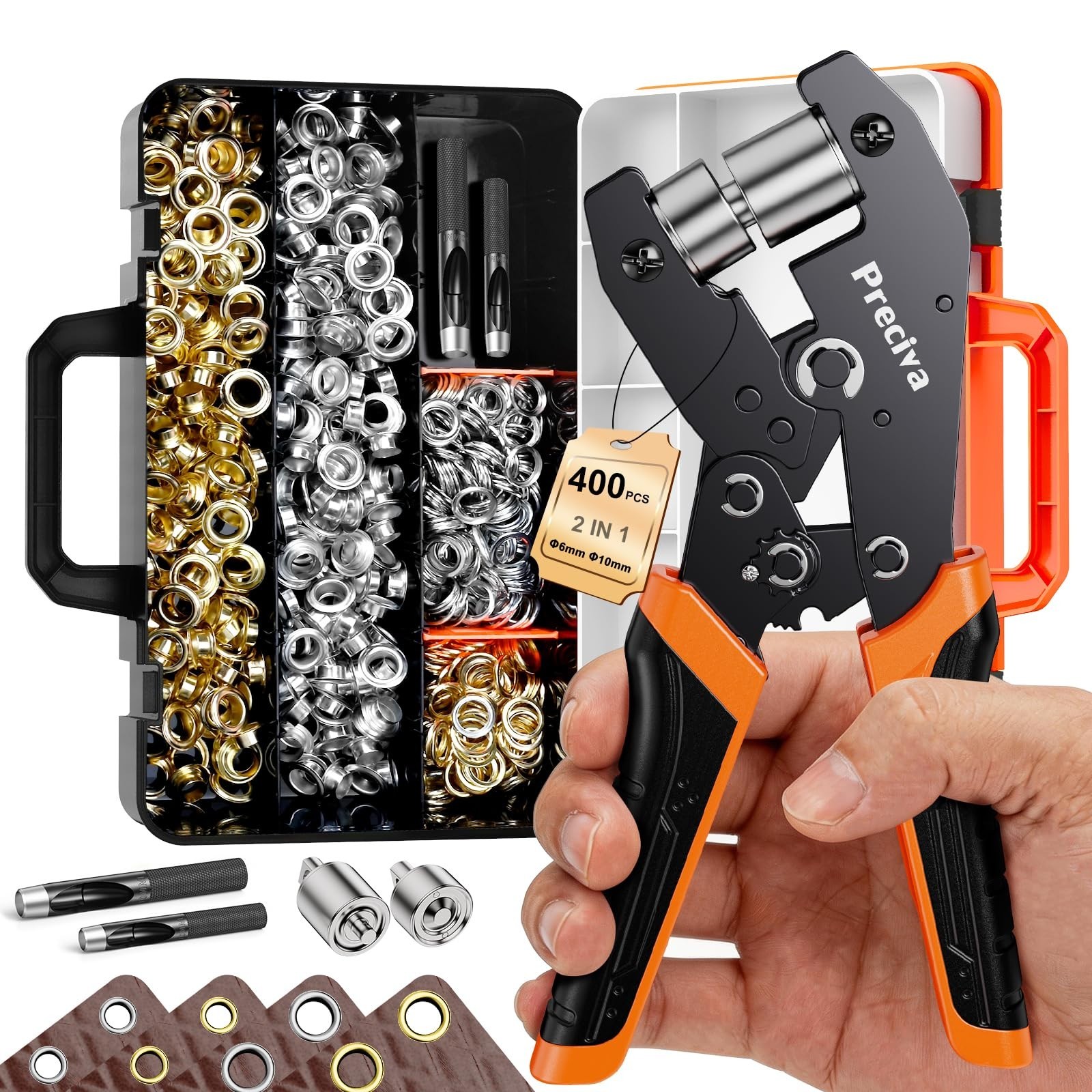 Grommet Tool Kit with 200 Eyelets & Pliers Set for Canvas, Leather, DIY Repairs