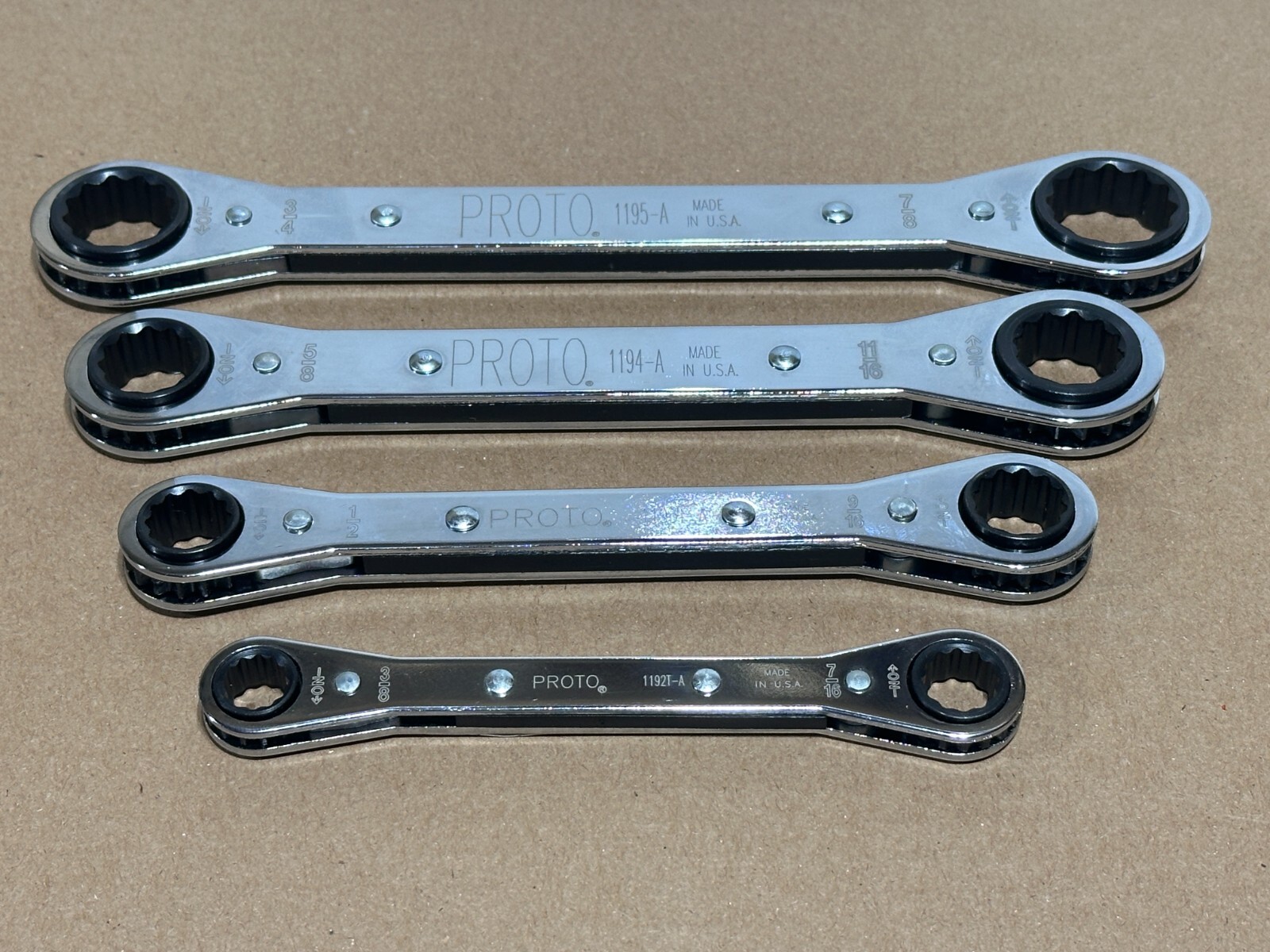 NEW Proto Tools USA 4pc 3/8-7/8” SAE Ratcheting Box End Wrench Set, 12 Point