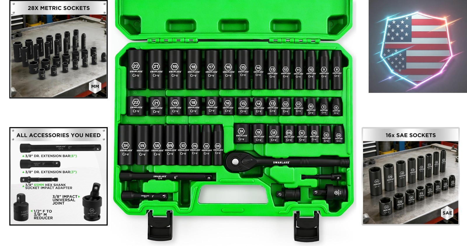 SWANLAKE 3/8» Drive Impact Socket Set, 50-Piece Standard SAE 5/16 to 3/4 inc…