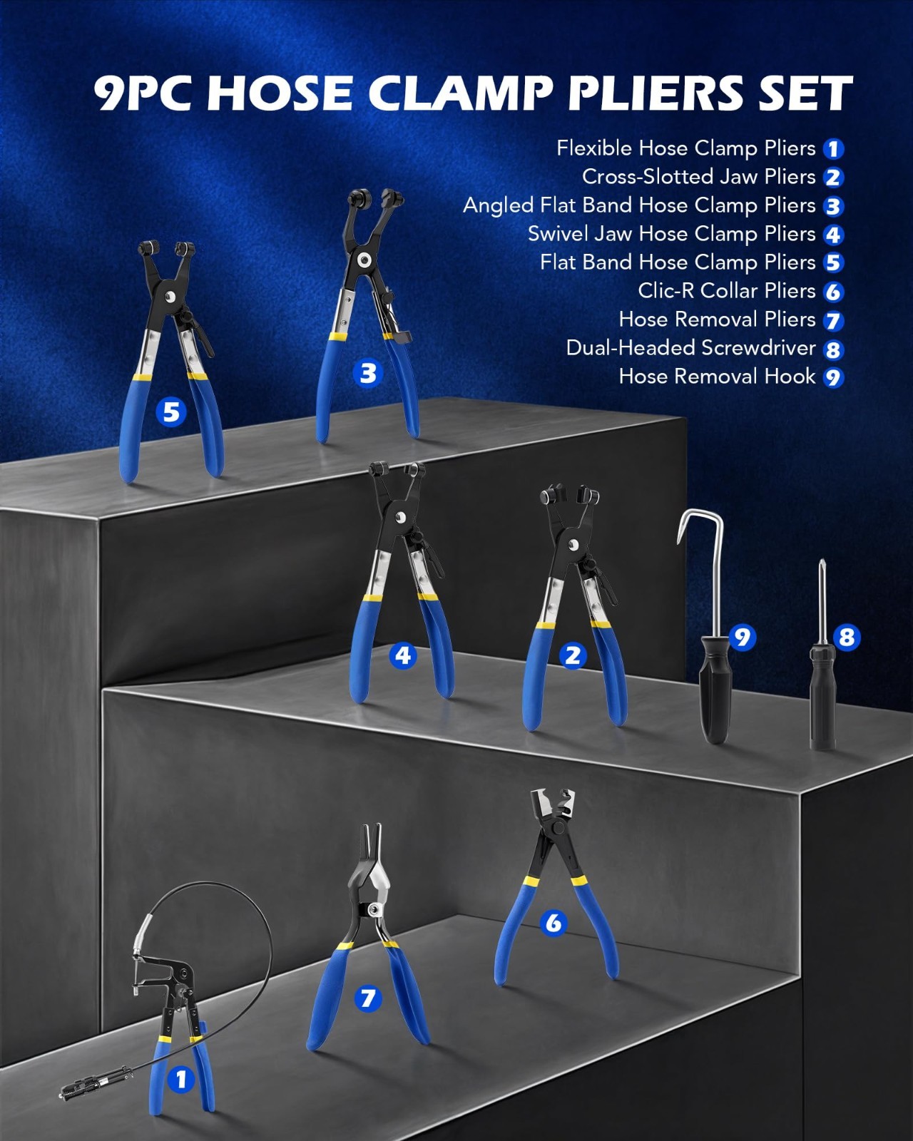 9pcs Hose Clamp Pliers Set for Fuel, Oil & Water Hoses – Long Reach Remover Kit