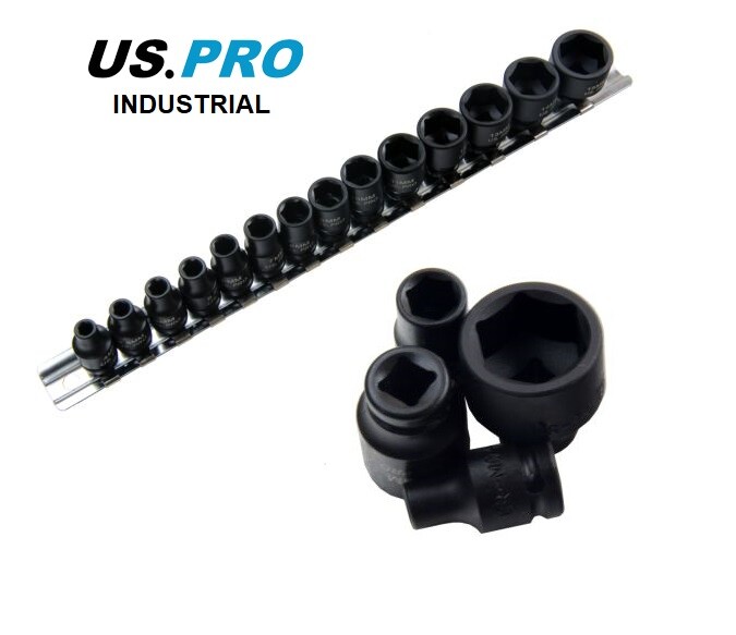 US PRO-industrial 14pc 1/4″ dr 6pt Shallow Impact Sockets Set On Rail NEW 1429