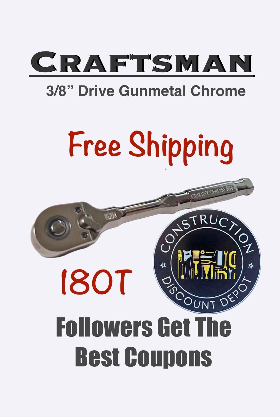 Craftsman OVERDRIVE CMMT82111 3/8″ Drive Gunmetal Chrome 180 Tooth Ratchet