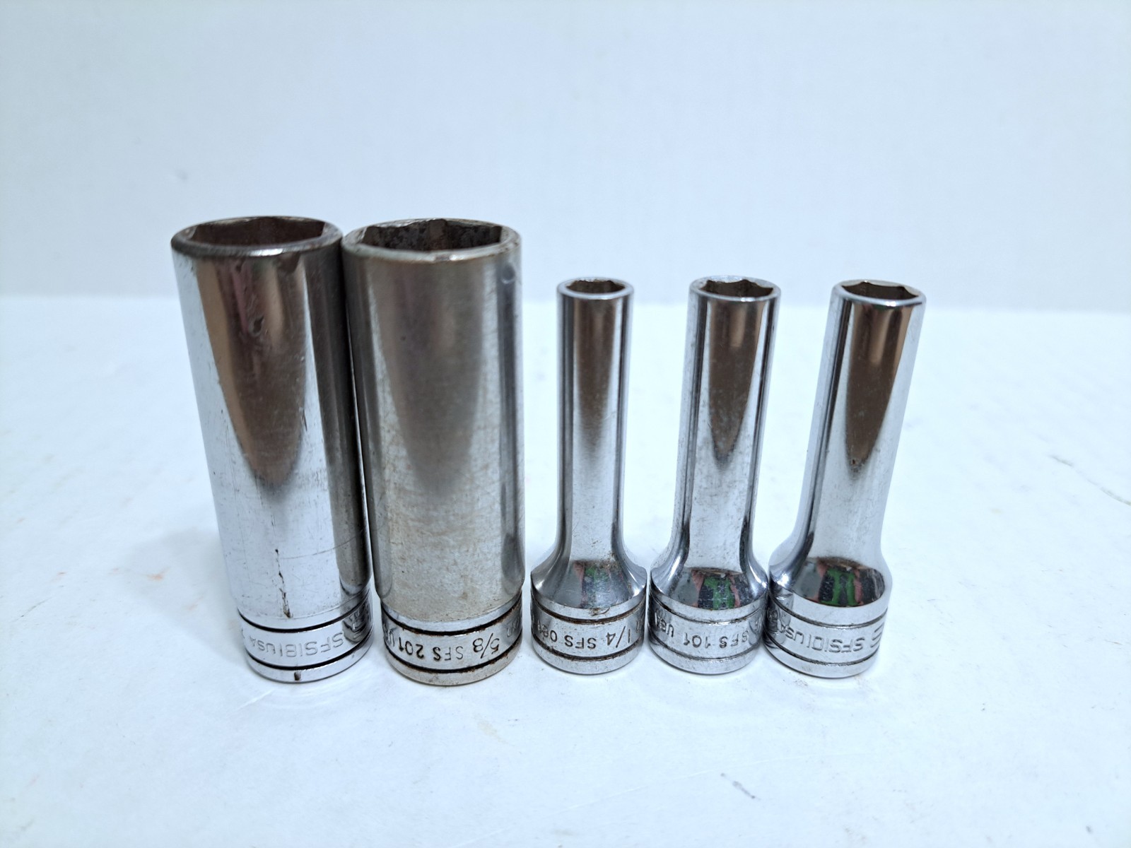 Lot of 5 Snap-on Tools USA Deep Socket 3/8″ Drive 6 Point SFS101 SFS081 SFS201