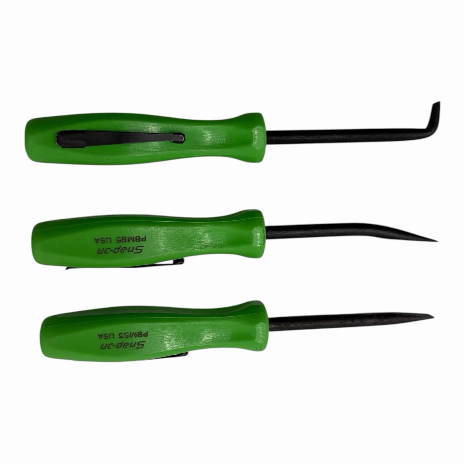 Snap On Tools Mini Pocket Pry Bar Set 3 piece Green 5 inch Straight Bent 90