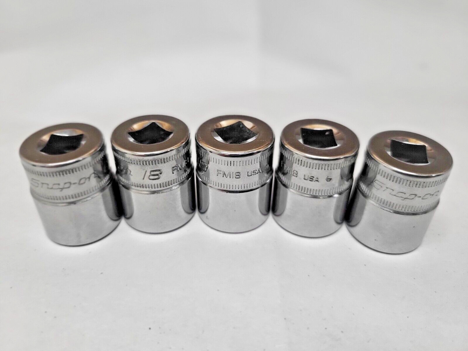 18mm NOS 12 point Snap-On 3/8″ Drive Shallow Chrome Socket 18 MM FM18 Lot of 5
