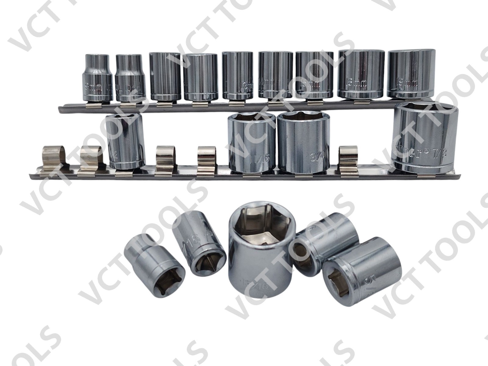 18pc 3/8″ Shallow Chrome Socket Set, SAE 3/8″ – 7/8″ & MM 9mm – 19mm