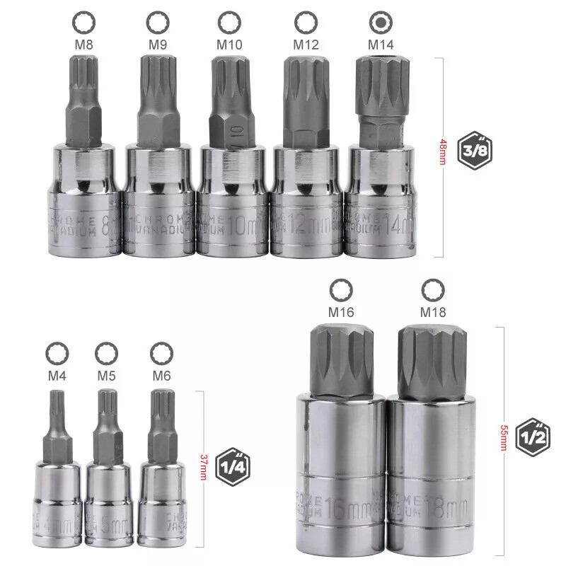 10pc XZN 12 Point Triple Square Spline Bit Socket Set Tamper Proof 4MM – 18MM