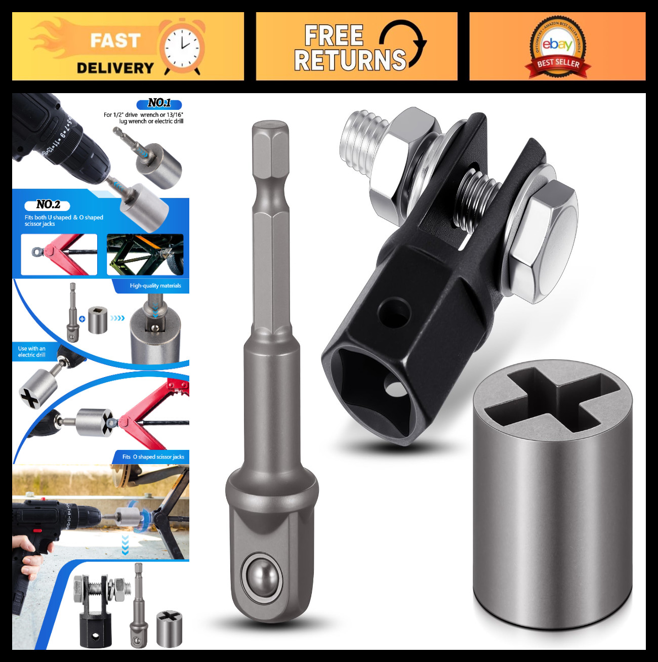 3 Pcs Heavy-Duty Scissor Jack Adapter Set for Hand Drill & Impact Wrench, 1/2″ S