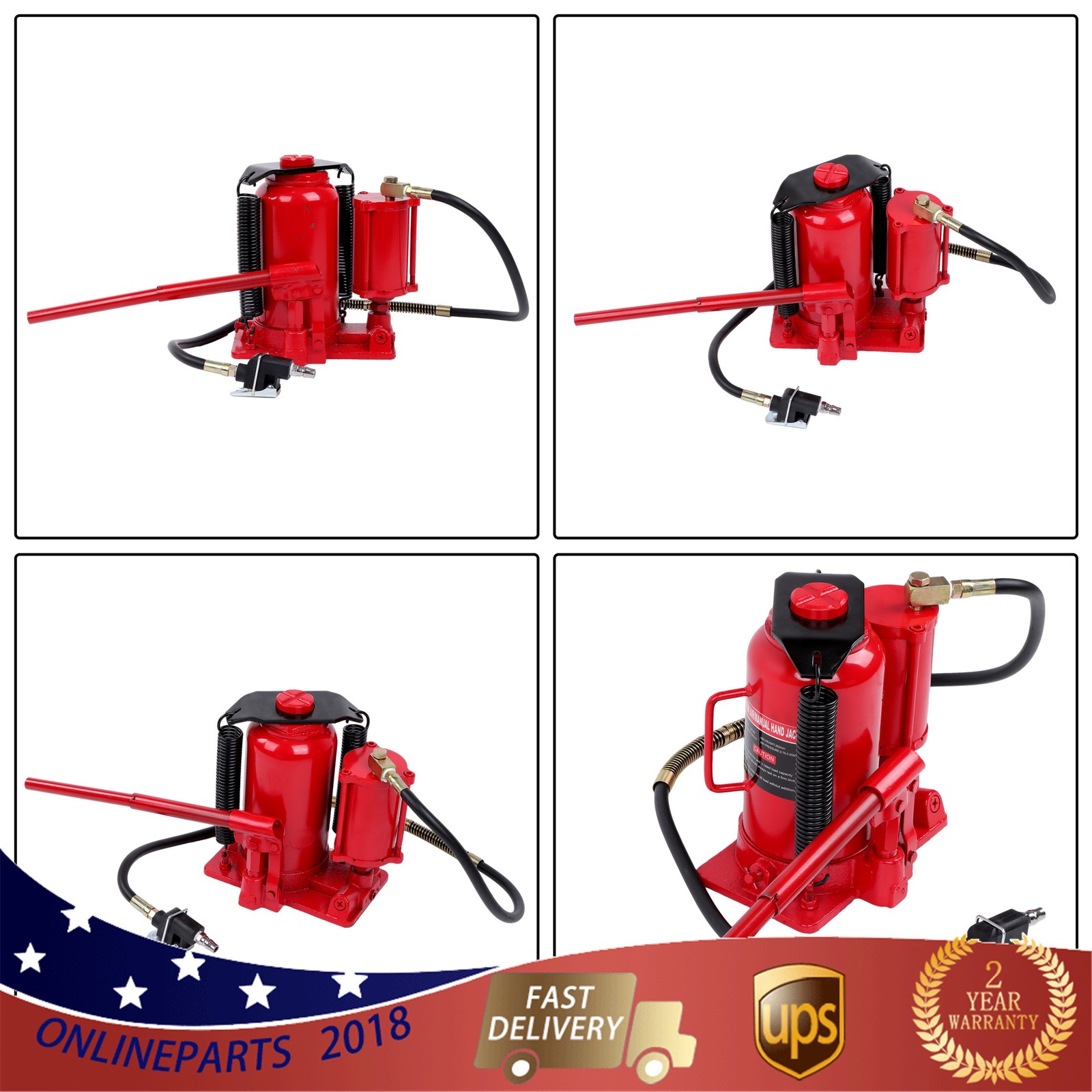 Pneumatic Air Hydraulic Bottle Jack with Manual Hand Pump, 20 Ton (40,000 lb)