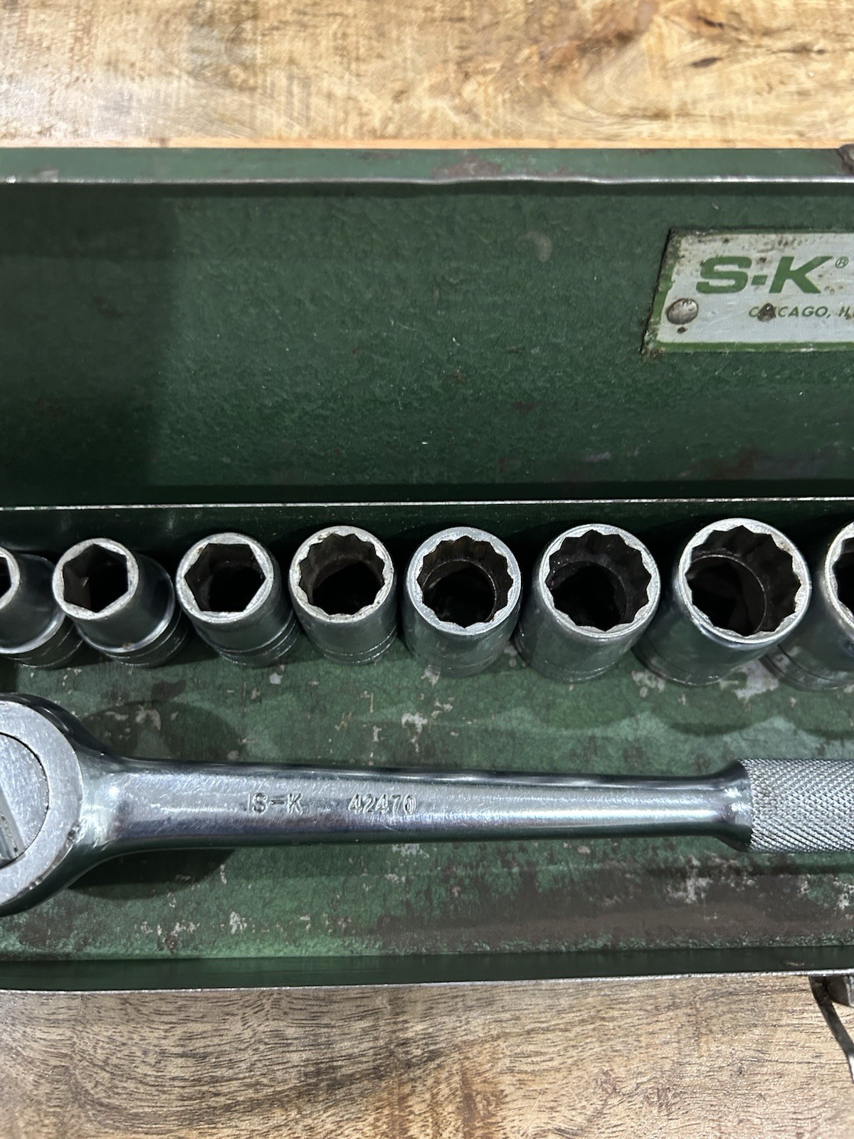 Vintage SK TOOLS 1/2″ Drive Socket Set 15pc Metal Box USA Made S-K Wayne SAE