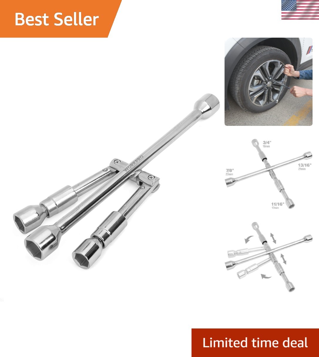 14-Inch Universal Folding Lug Wrench, 4-Way Cross Wrench