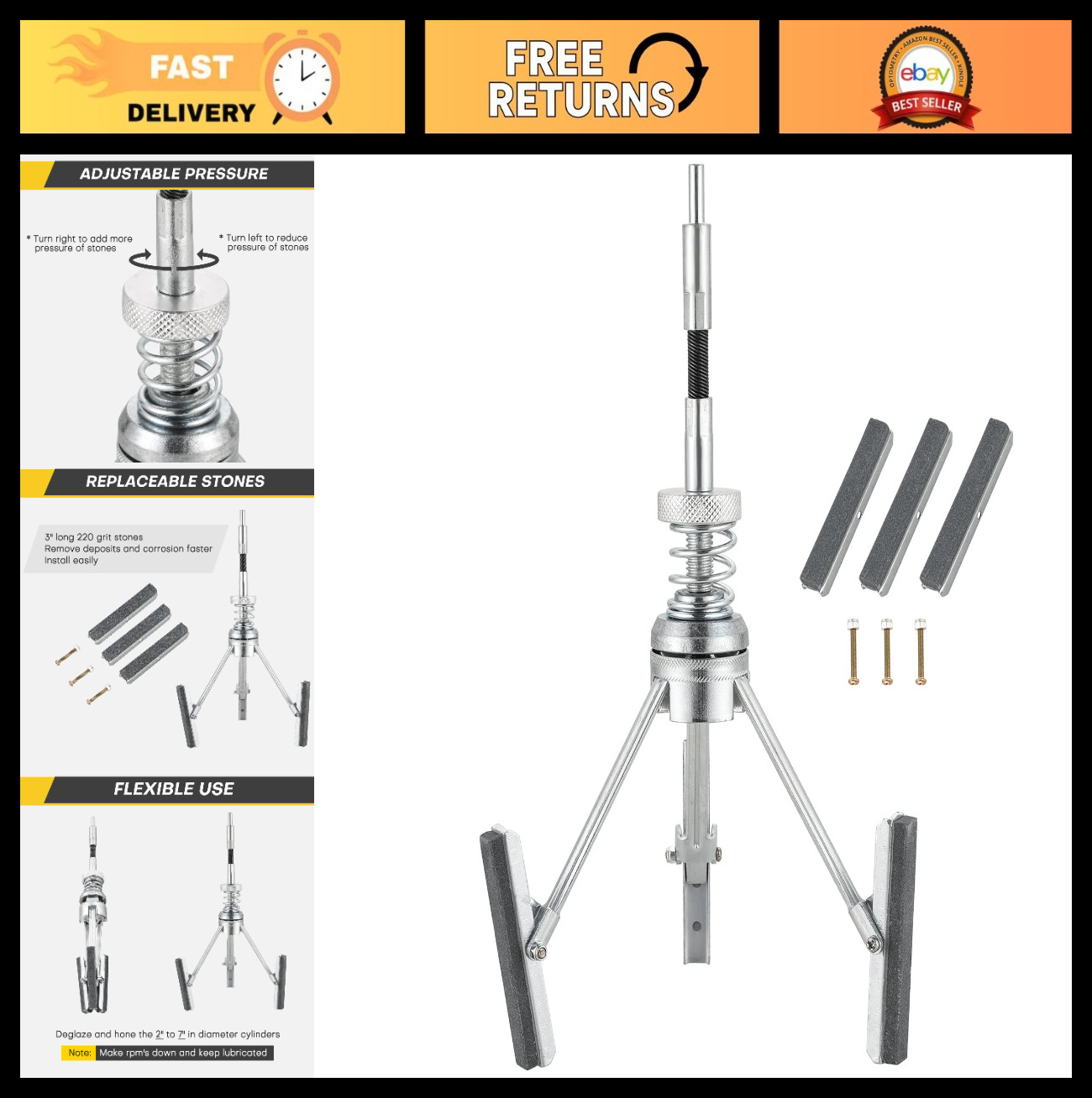 Adjustable Engine Cylinder Hone Tool 2″ to 7″ Diameter with 3 Extra Long Stones