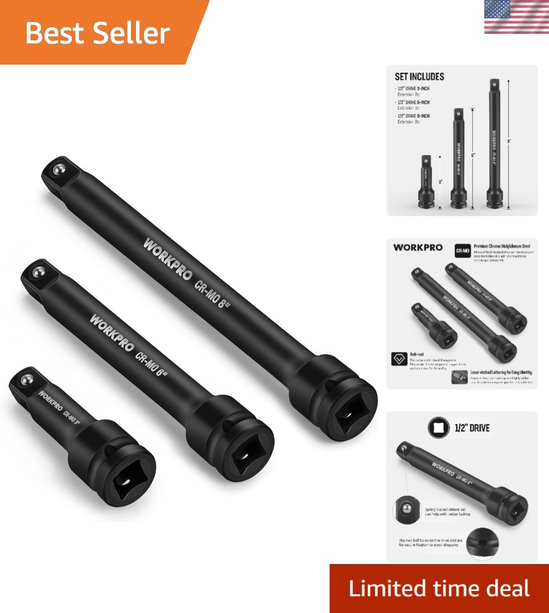 Durable 1/2-Inch Drive Extension Set – 3 Pieces with Manganese Phosphate Finish