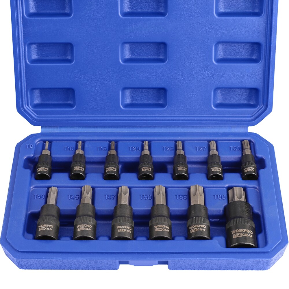 WORKPRO 13PC Torx Bit Socket Set 1/4″ 3/8″ 1/2″ Drive T8-T60 Torx Bit Socket Set