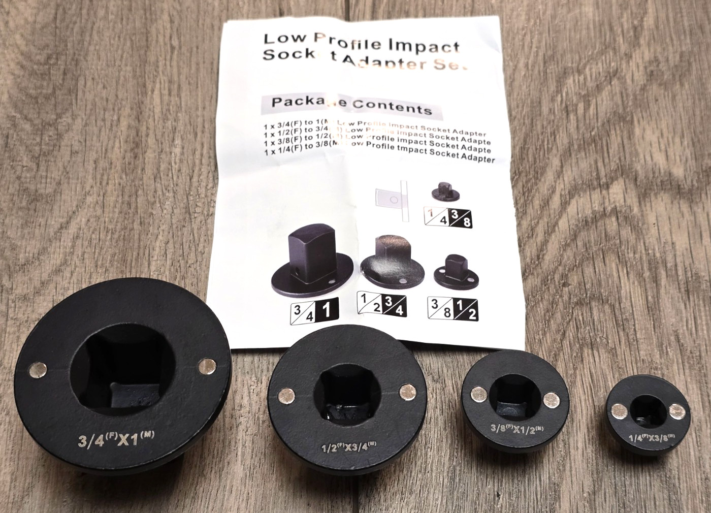 4pc Low Profile Magnetic Impact Reducing Adapter Set 1/4″ up to 1″ drive