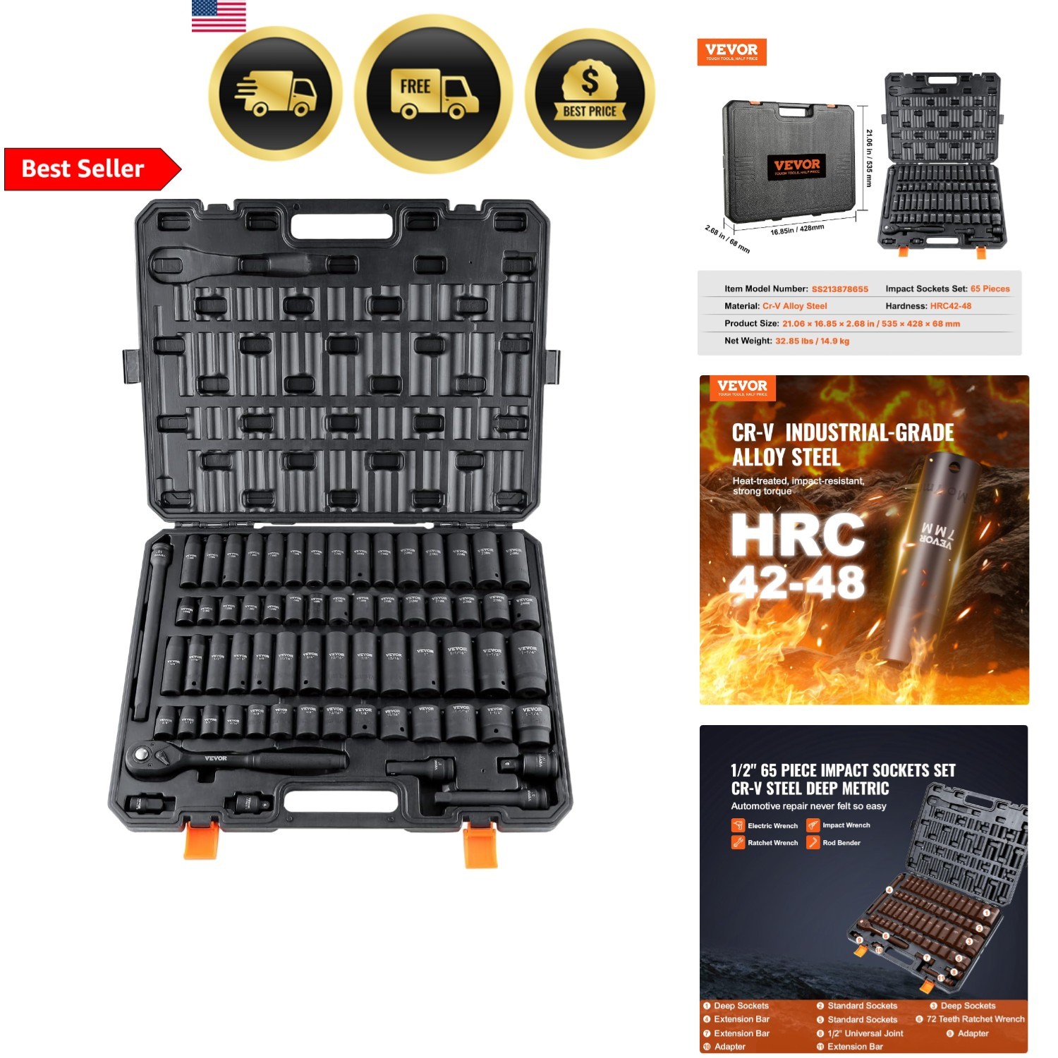 Impact Socket Set 65 Pieces SAE Metric Heavy Duty Impact Wrench Tools