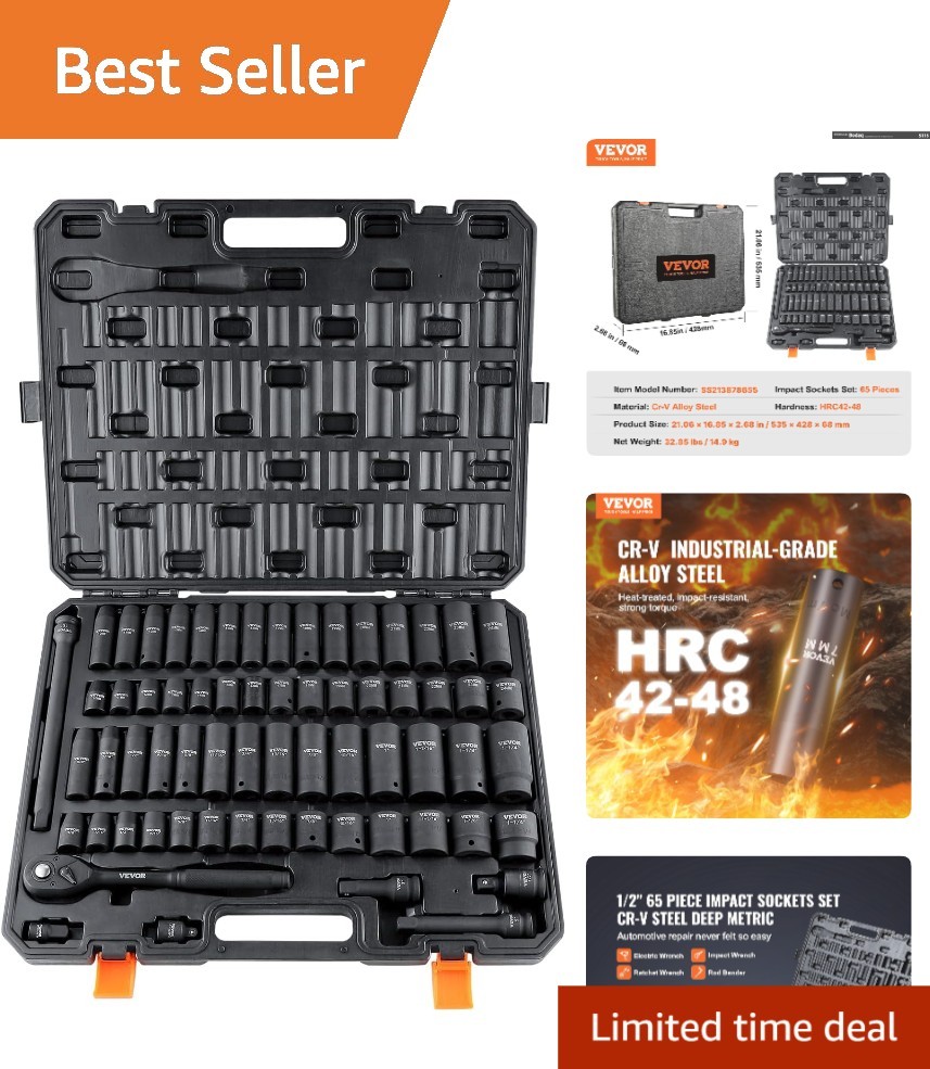 High Torque 65-Piece Impact Socket Set – SAE & Metric Cr-V Steel, Storage Case