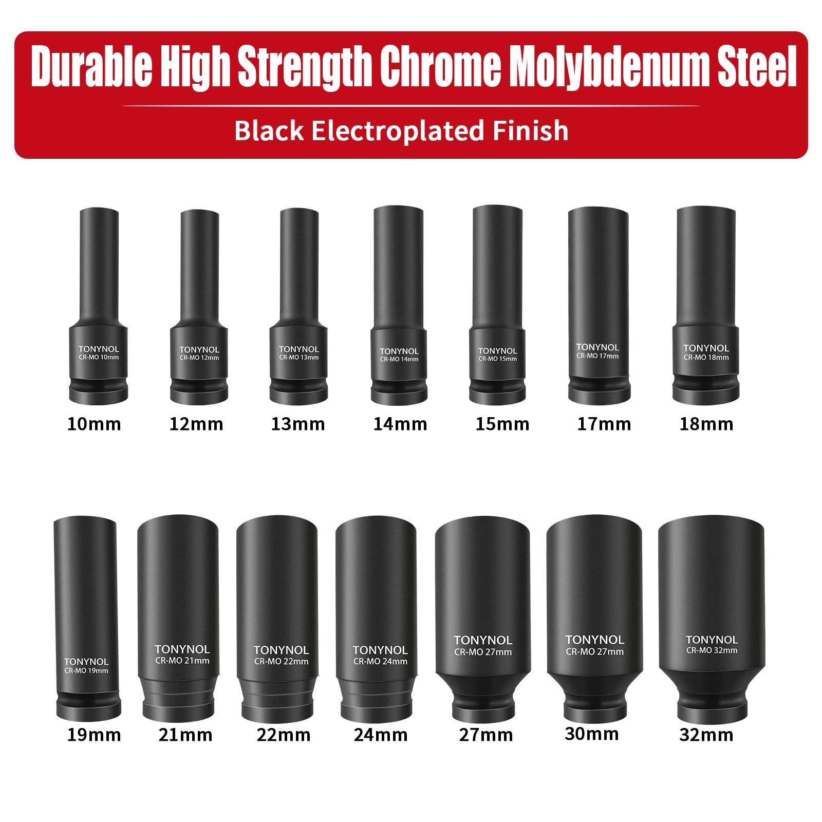 1/2″ Deep Drive Impact Socket Set, 6-Point Metric (10mm-32mm), 14 Pcs Cr-Mo Stee