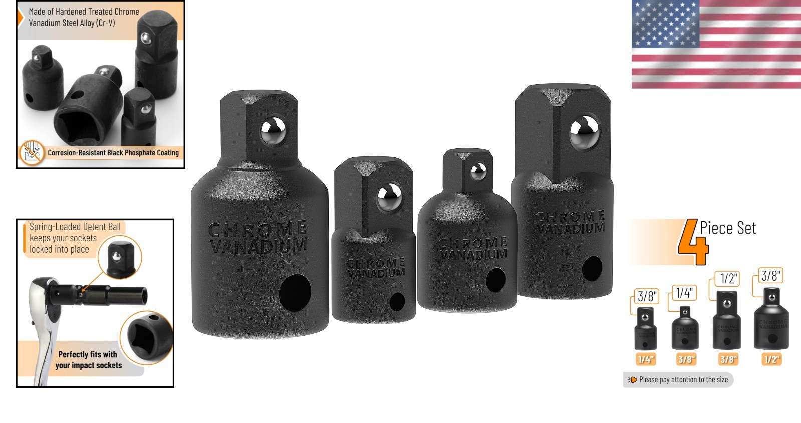 Versatile Socket Reducer Set – 4-Pcs Chrome Vanadium with Black Oxide Finish