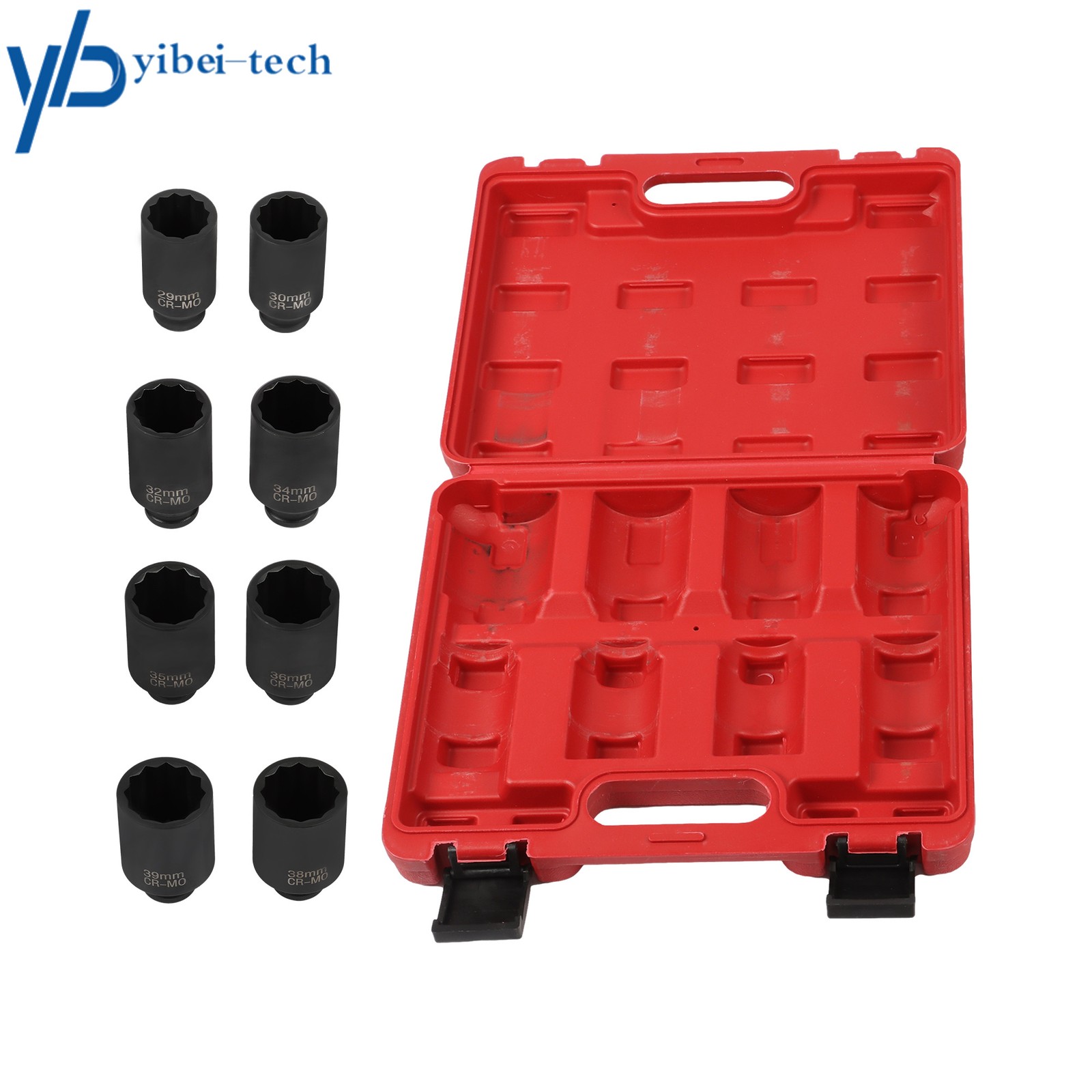 1/2″ Impact Socket Set 12 Point 29-39mm Drive Deep Spindle Axle Nut 8PCS w/ Case