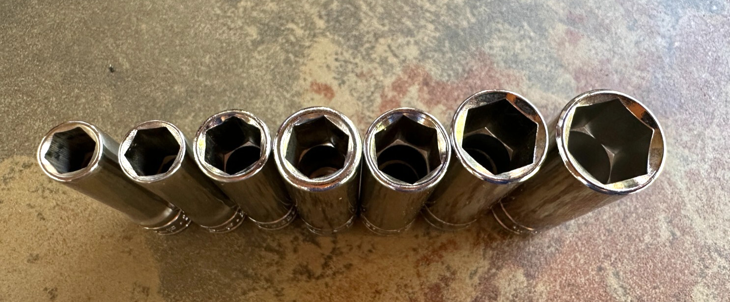 13 – P-F Deep and Normal Sockets 3/8 and 1/4 drive. Mostly New see sizes below