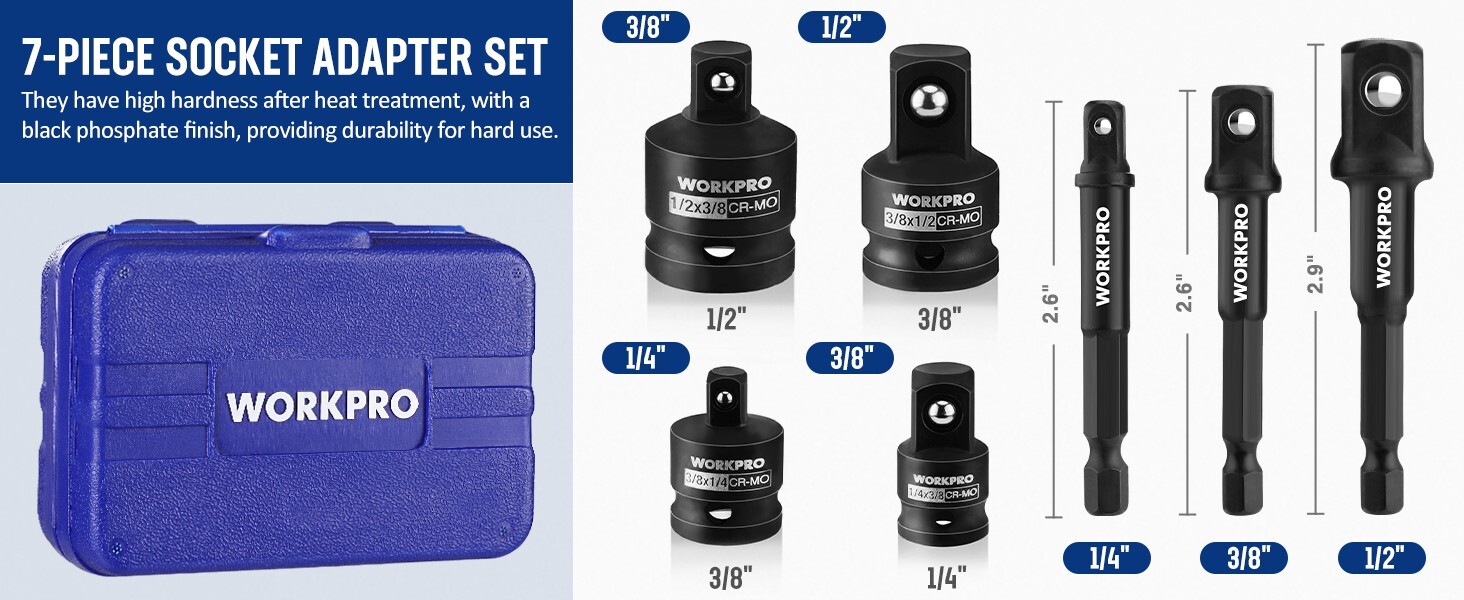 WORKPRO 7PIECE Impact Socket Adapter Set 1/4″ Drill Extension Set 1/2″ 3/8″ 1/4″