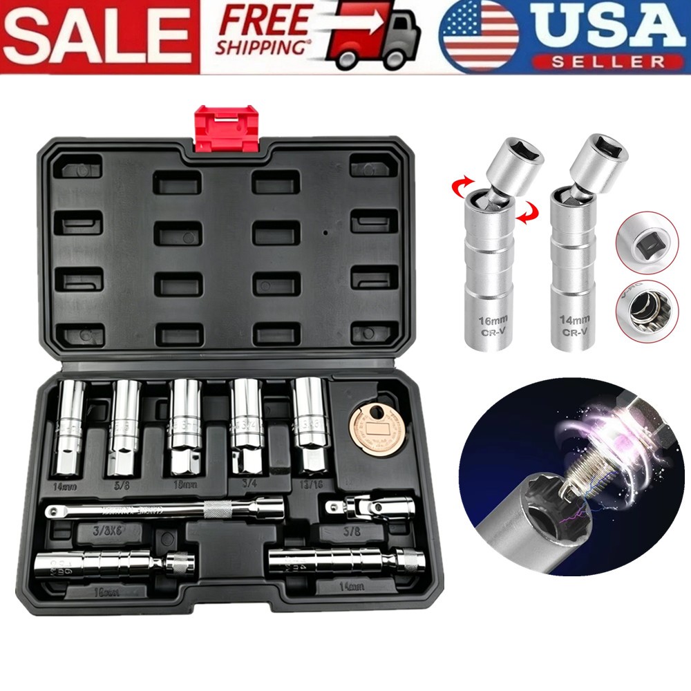 10PCS 3/8″Drive Magnetic Spark Plug Socket Set Include 3/4″5/8″/13/16″ 14MM 16MM