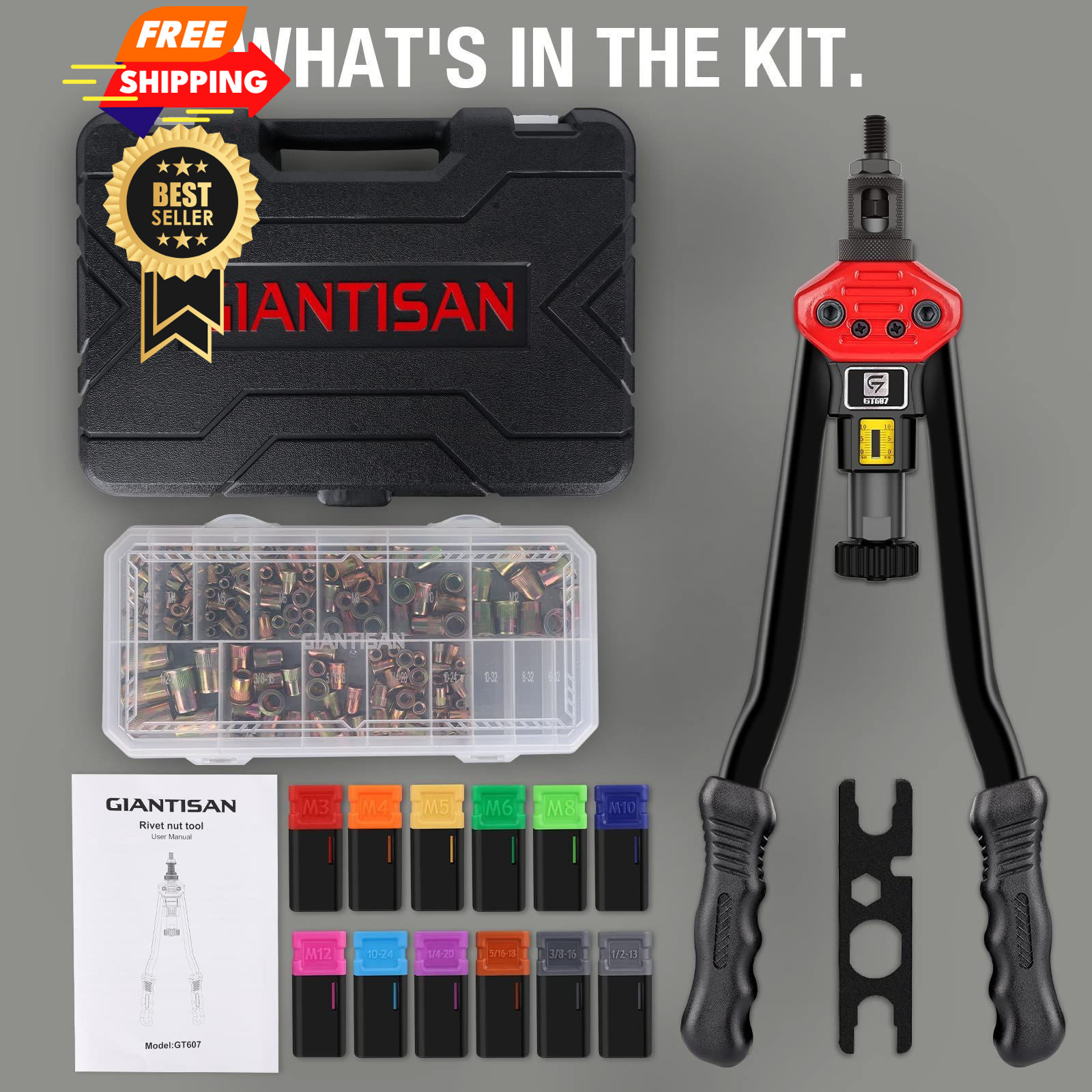 GIANTISAN Rivet Nut Tool Kit,16-Inch Rivnut 16-Inch/ 12 Mandrels
