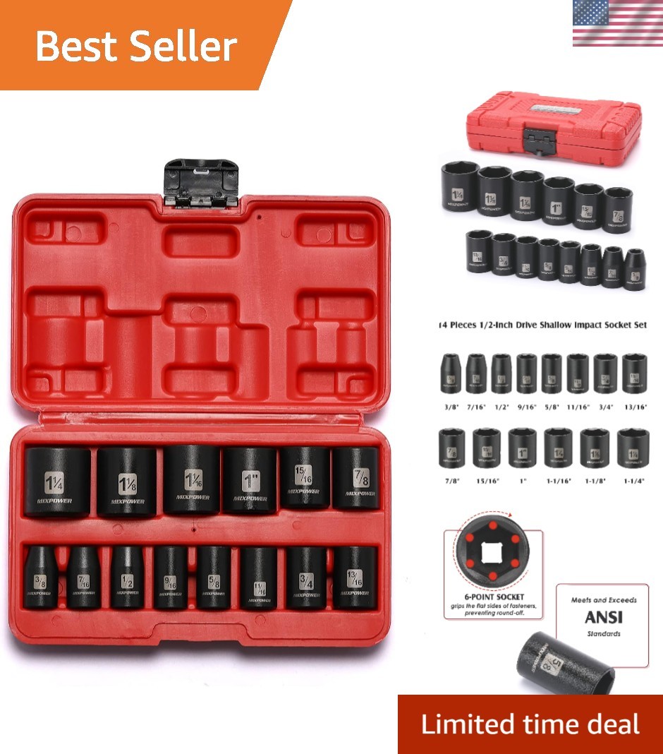 Durable 14 Pieces 1/2-Inch Drive Shallow Impact Socket Set, High Torque Design