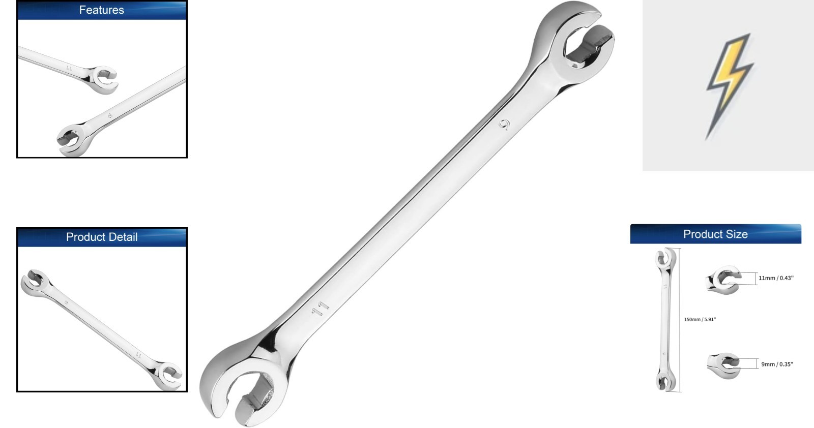 9 x 11mm Flare Nut Wrench Double Open End High Carbon Steel Mirror Polish Finish